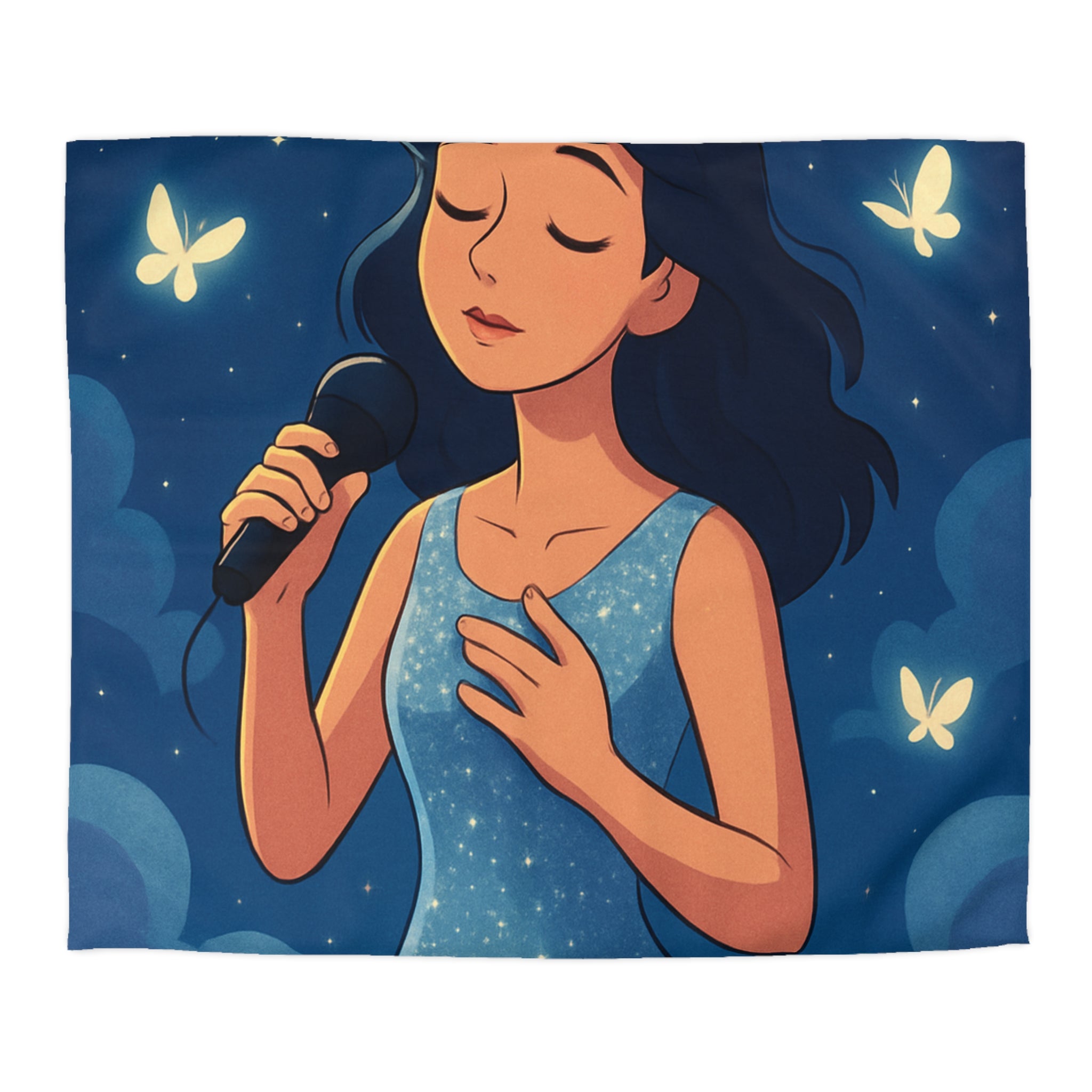 Housse de couette rêveuse avec chanteuse, papillons, lune et ciel étoilé bleu
