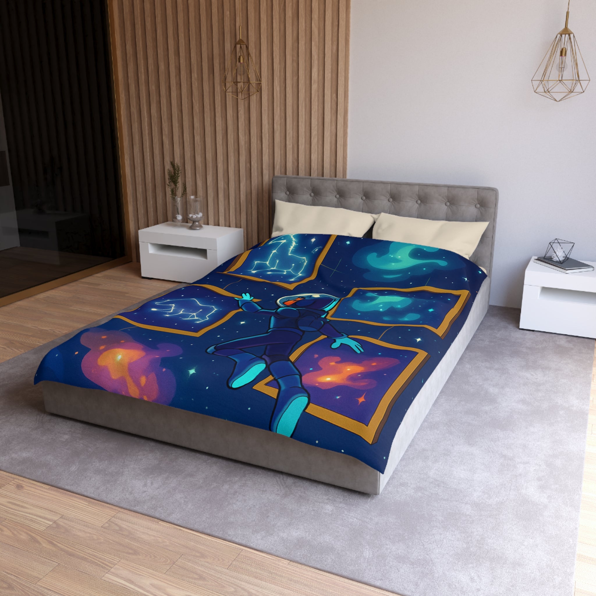 Housse de couette spatiale avec constellations lumineuses et astronaute explorant des galaxies mystérieuses
