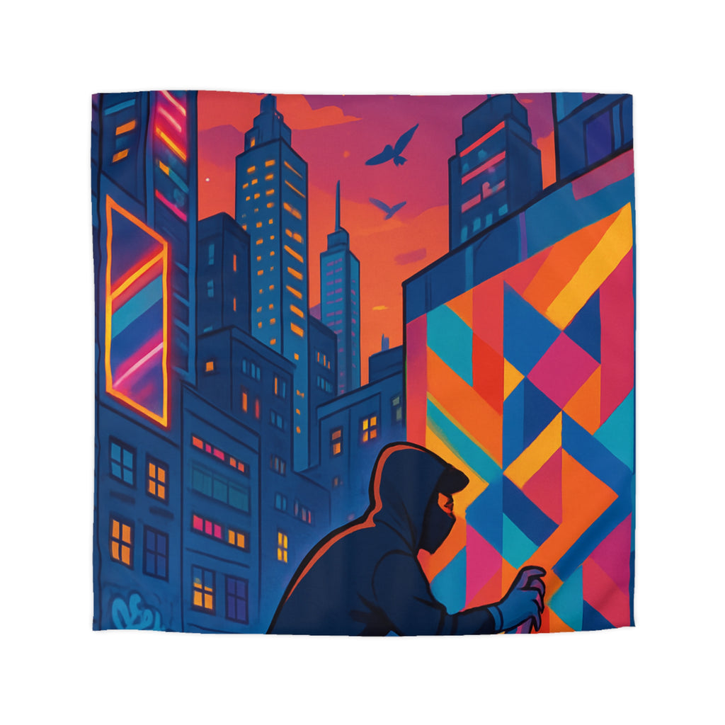 Housse de couette urbaine multicolore graffiti avec gratte-ciel et ciel crépusculaire