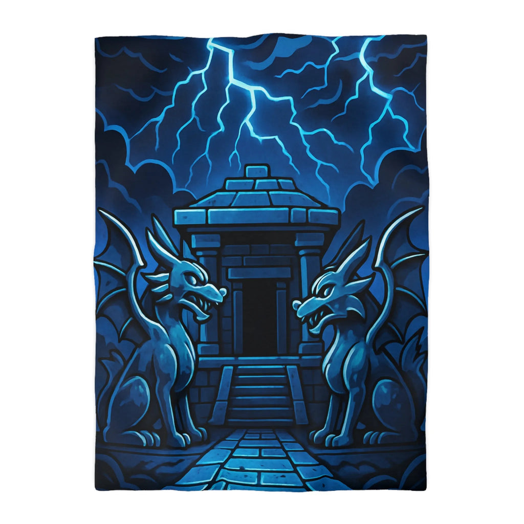 Housse de Couette Dragon Fantastique avec Temple Mystique sous Orage Nocturne en Sécurité