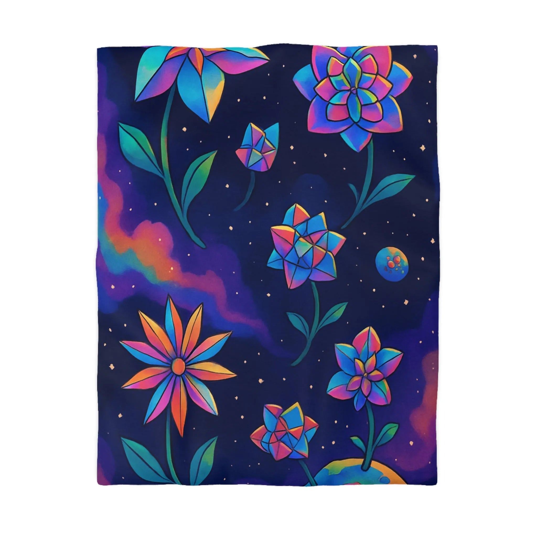 Housse de couette avec des fleurs géométriques aux couleurs cosmiques dans l'espace étoilé