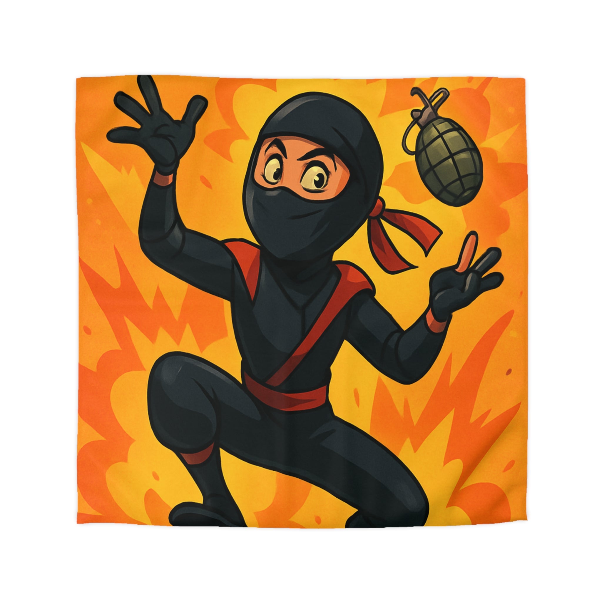 Housse de couette ninja dynamique avec explosion et grenades en fond orange vibrant