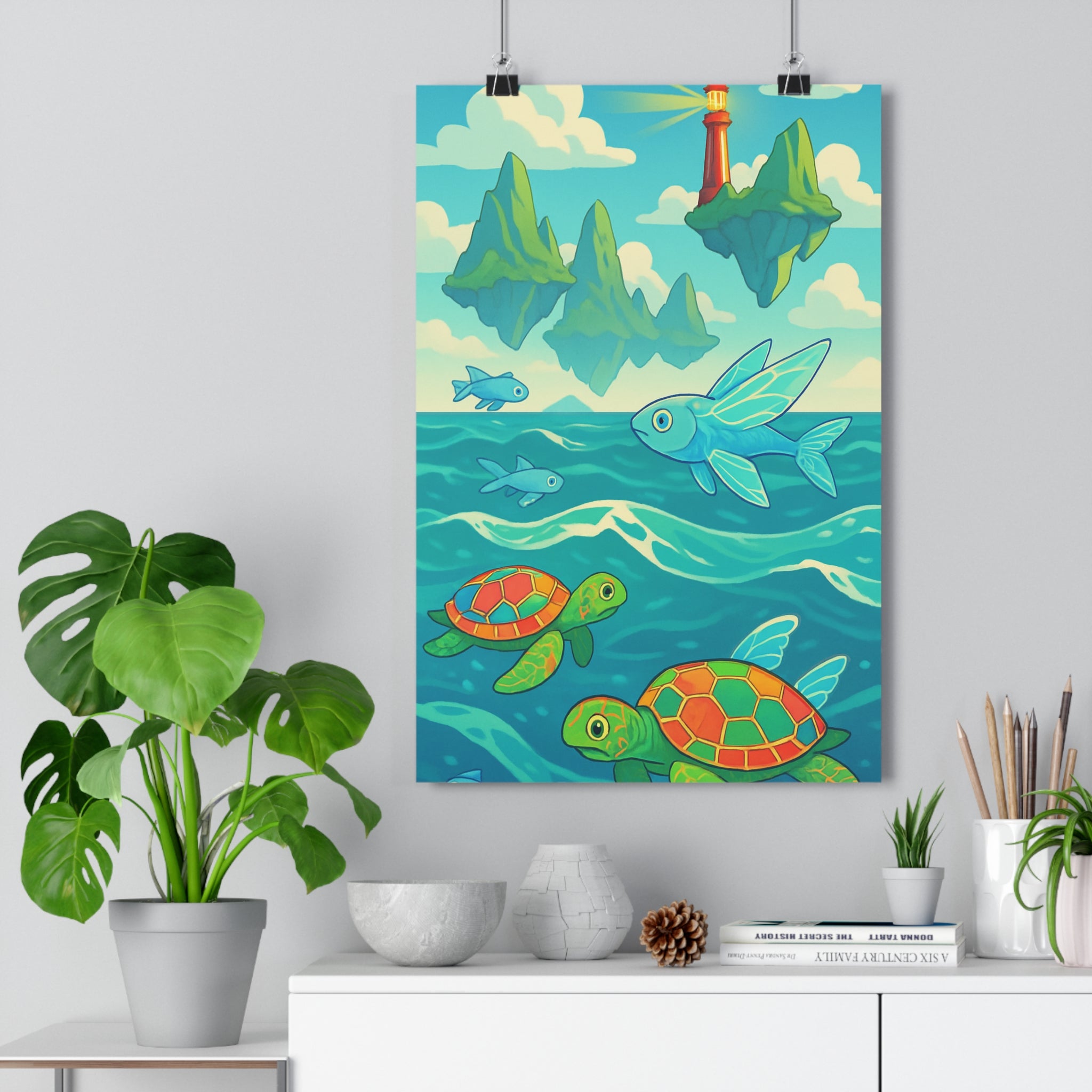 Poster décoratif marin enfant tortues poissons volant turquoise rouge cartoon magique chambre apaisant tendance