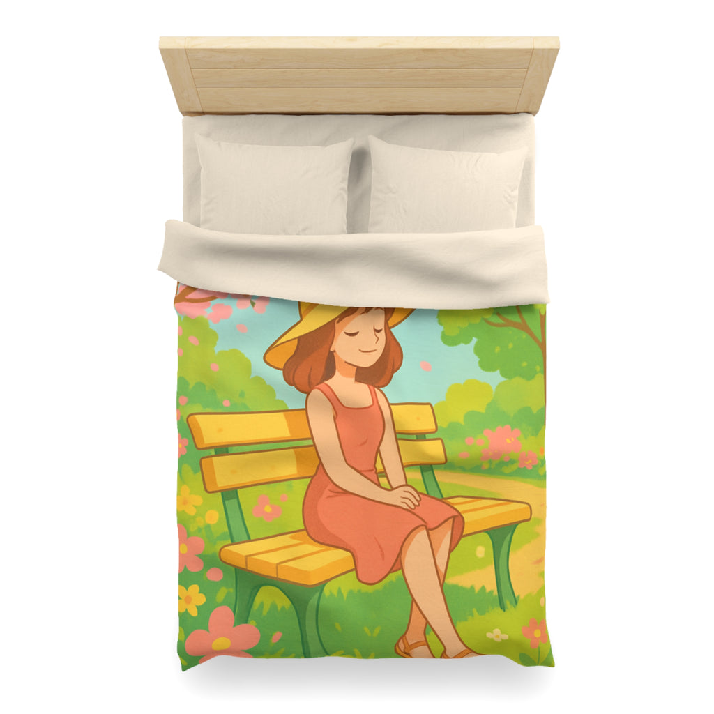 Housse De Couette Motif Printanier Banc Fleurs Ciel Bleu Style Illustration Paisible