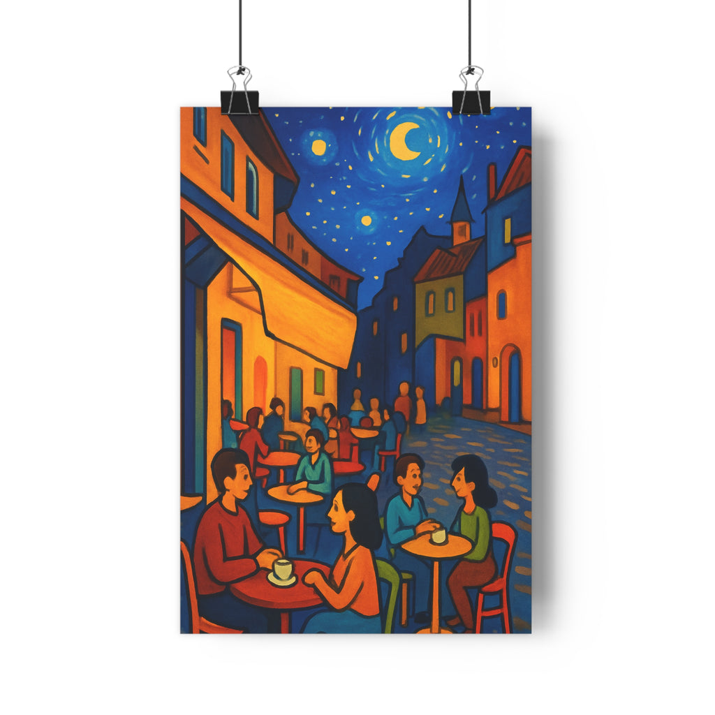 Poster décoratif café étoilé bleu orange dessin animé magique salon chambre ambiance chaleureuse soirée