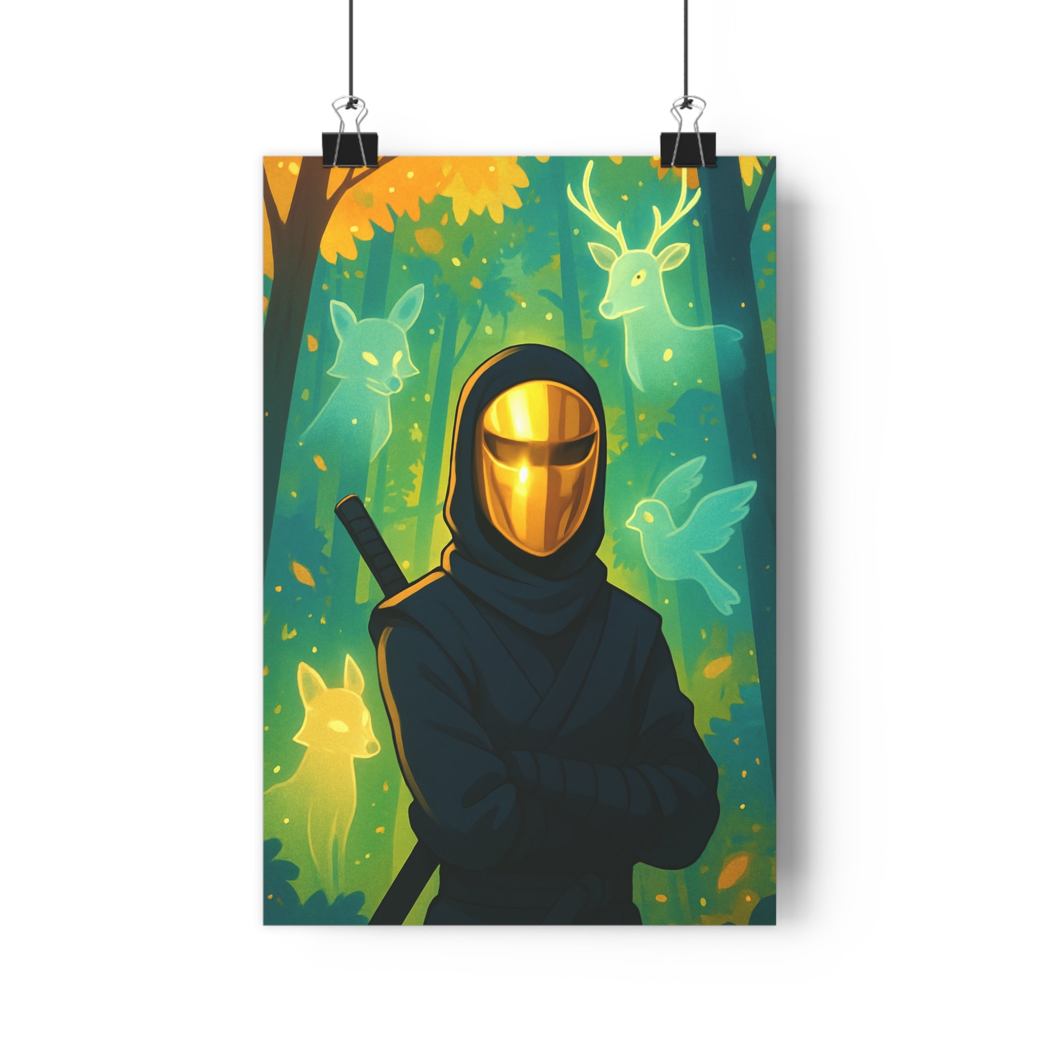 Poster décoratif ninja forêt mystique vert jaune surréaliste anime chambre salon 30x46 cm ambiance