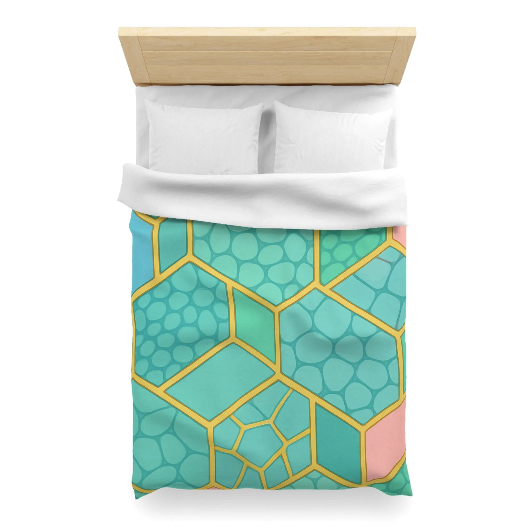 Housse de couette hexagonale pastel avec motifs géométriques et texture miel moderne