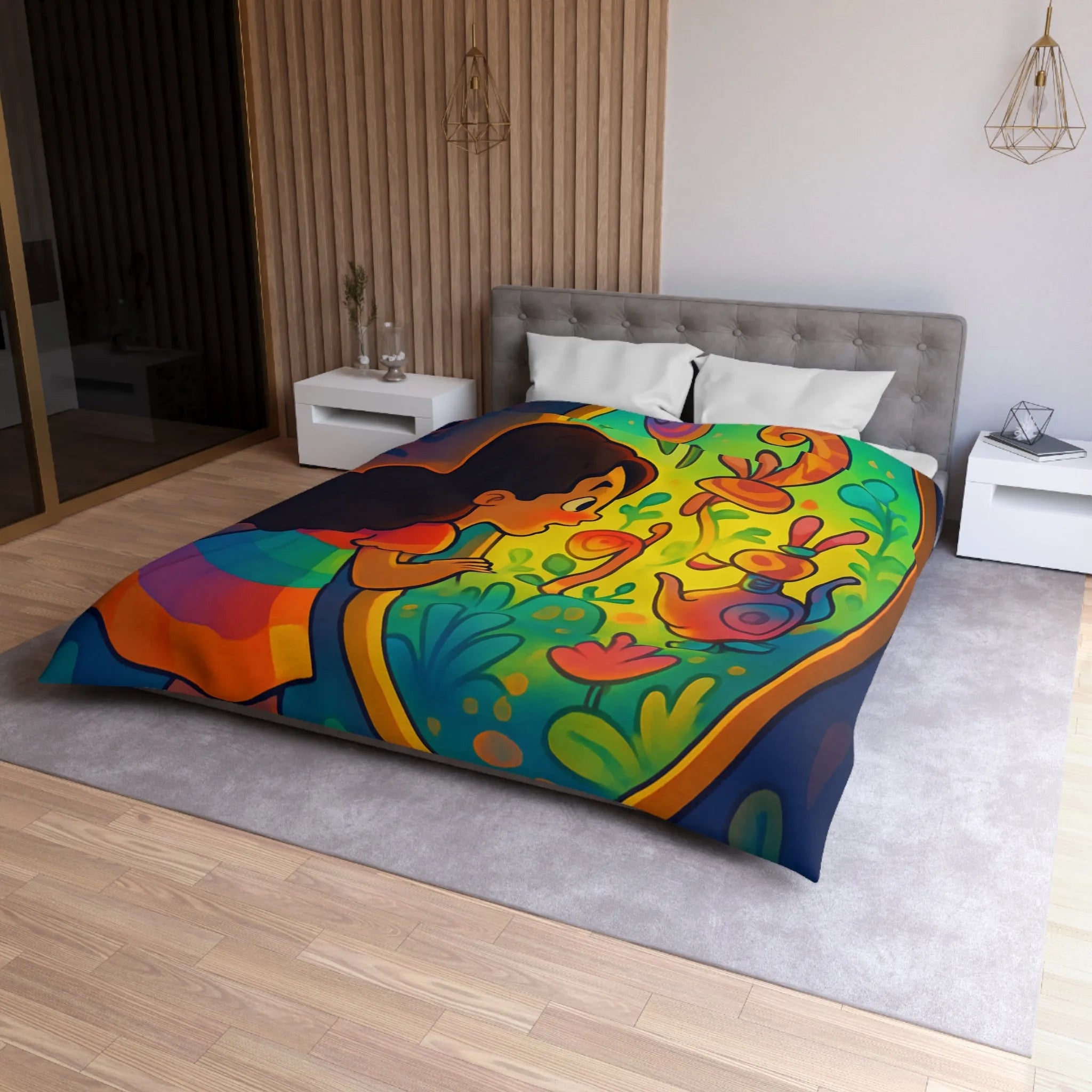 Housse de Couette Enfant Rêve Mystérieux Jardin Émerveillé Couleurs Vives Décor Imaginaire