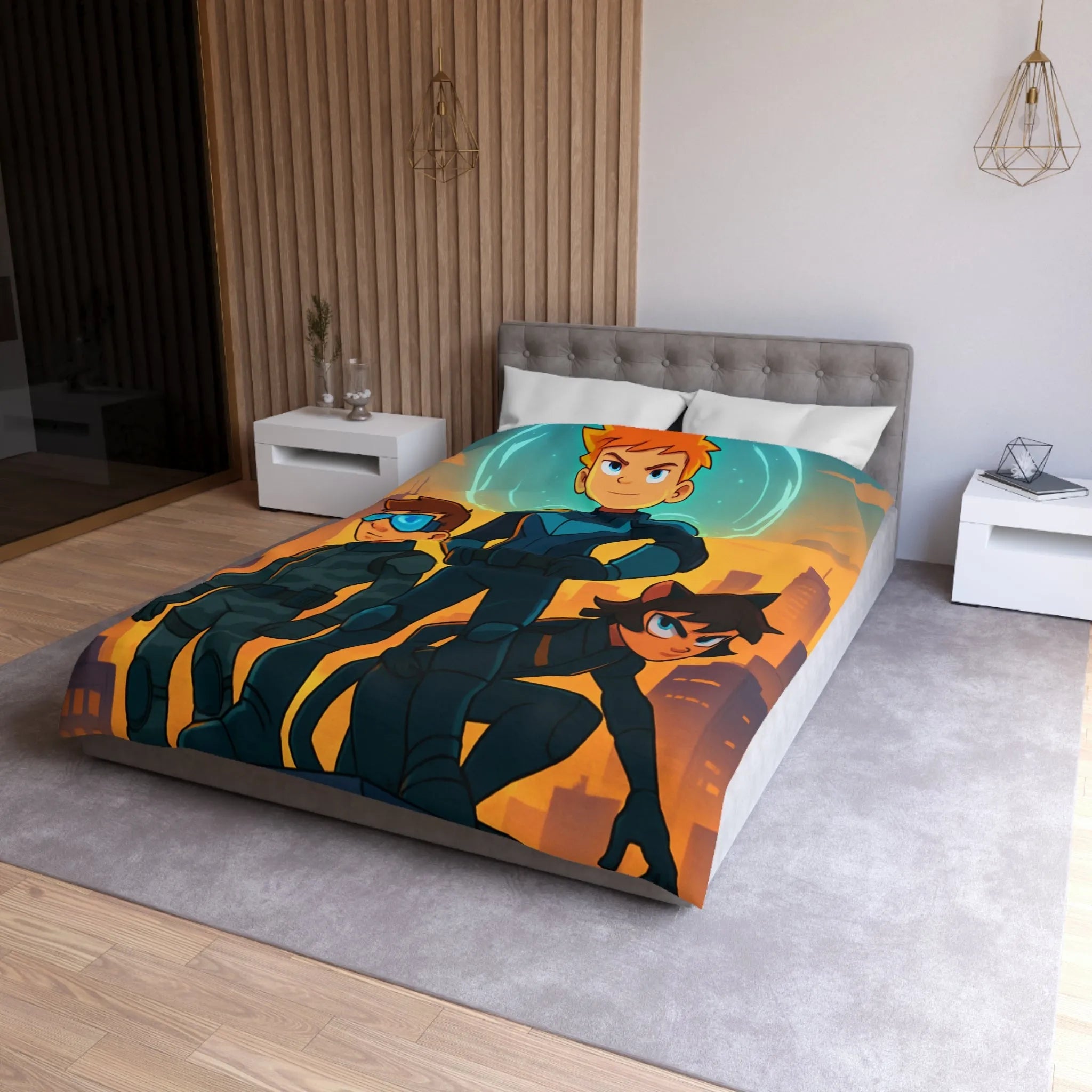 Ensemble d'aventure animé avec enfants héros sur fond urbain au crépuscule