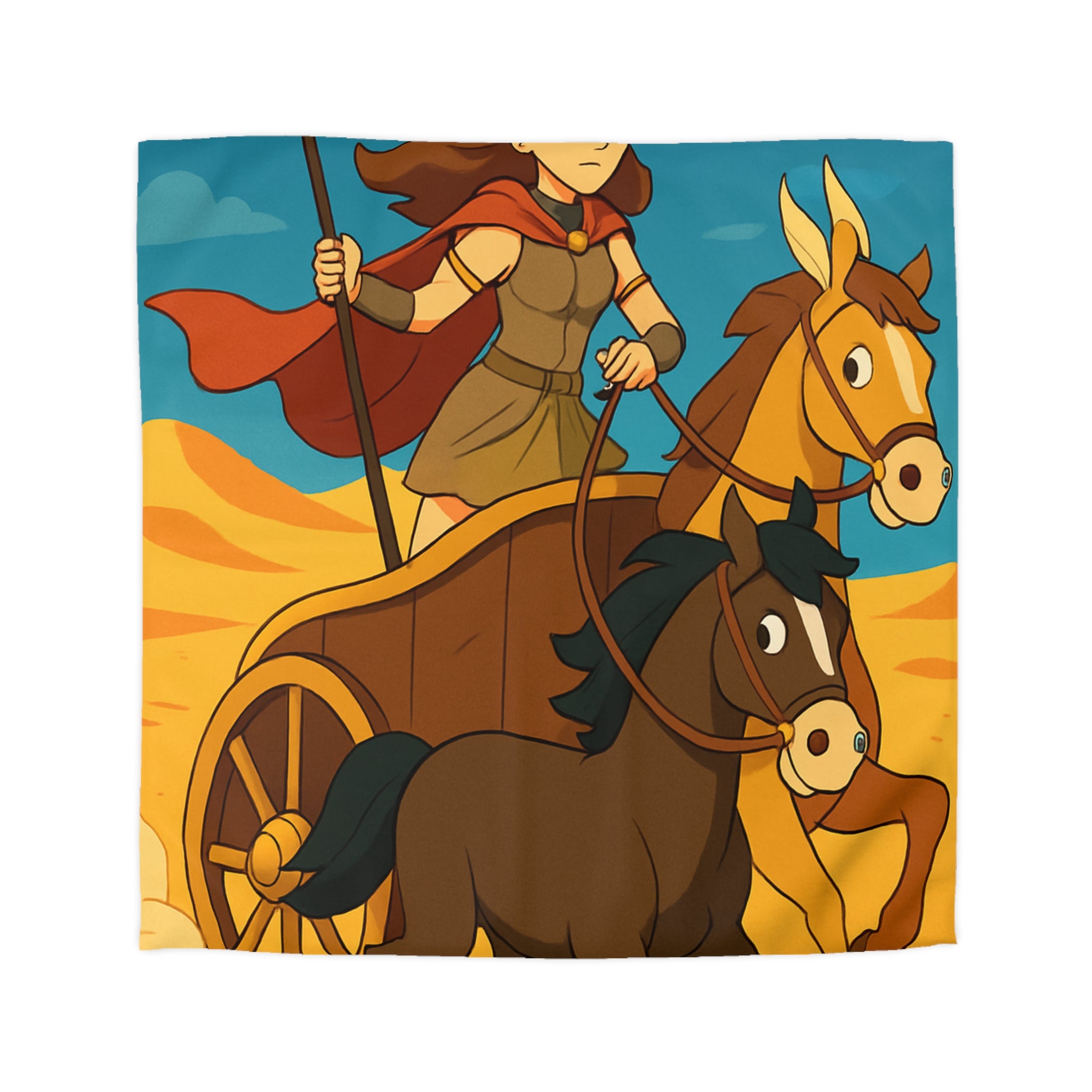 Housse de couette représentant guerrière en char avec chevaux marron dans désert animé