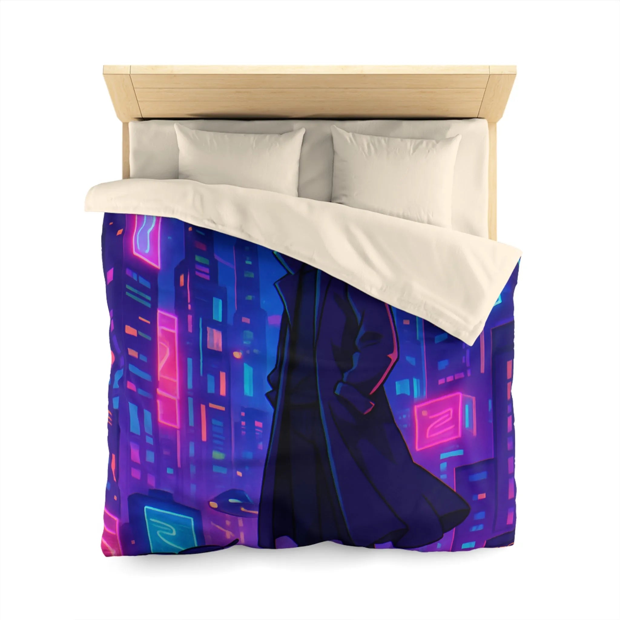 Housse de couette en néon futuriste avec personnage mystérieux et skyline cyberpunk