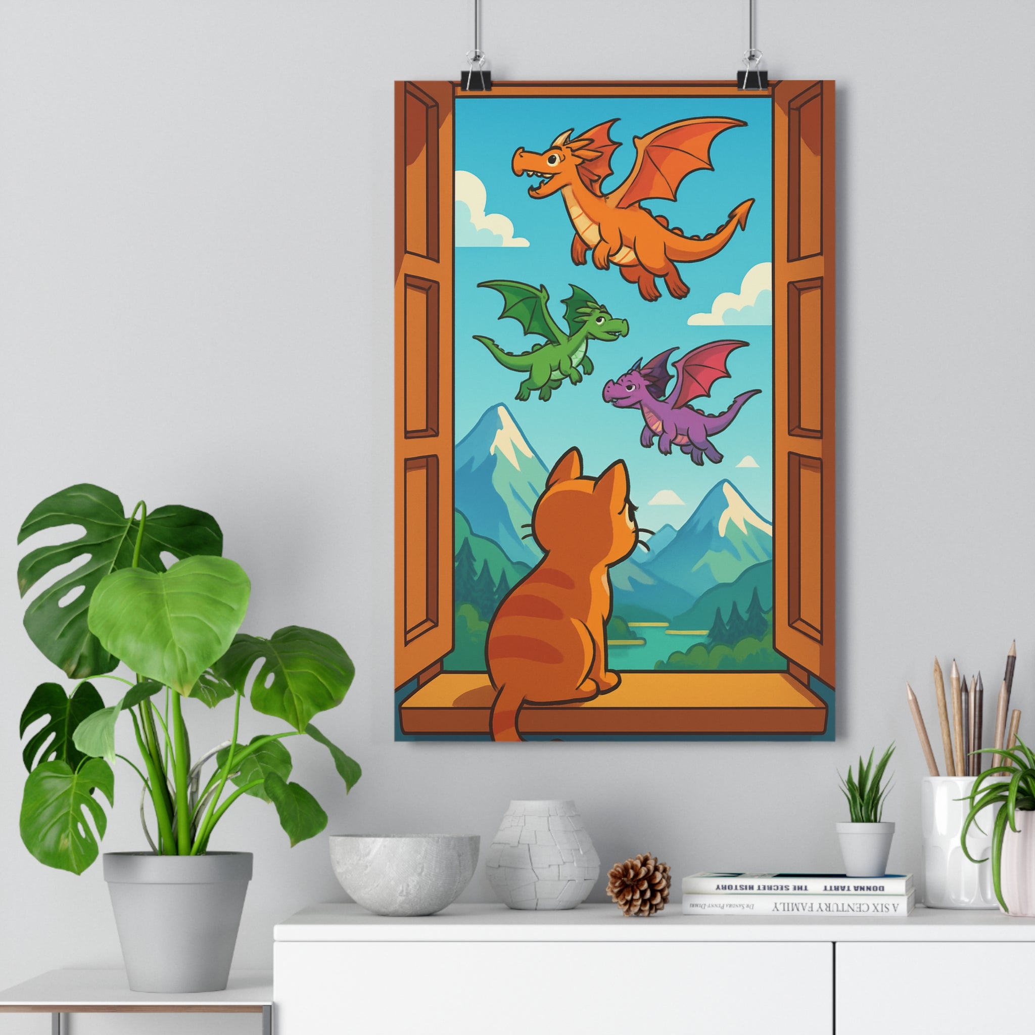 Poster décoratif chat fantastique dragons colorés orange vert violet cartoon magique salon chambre qualité