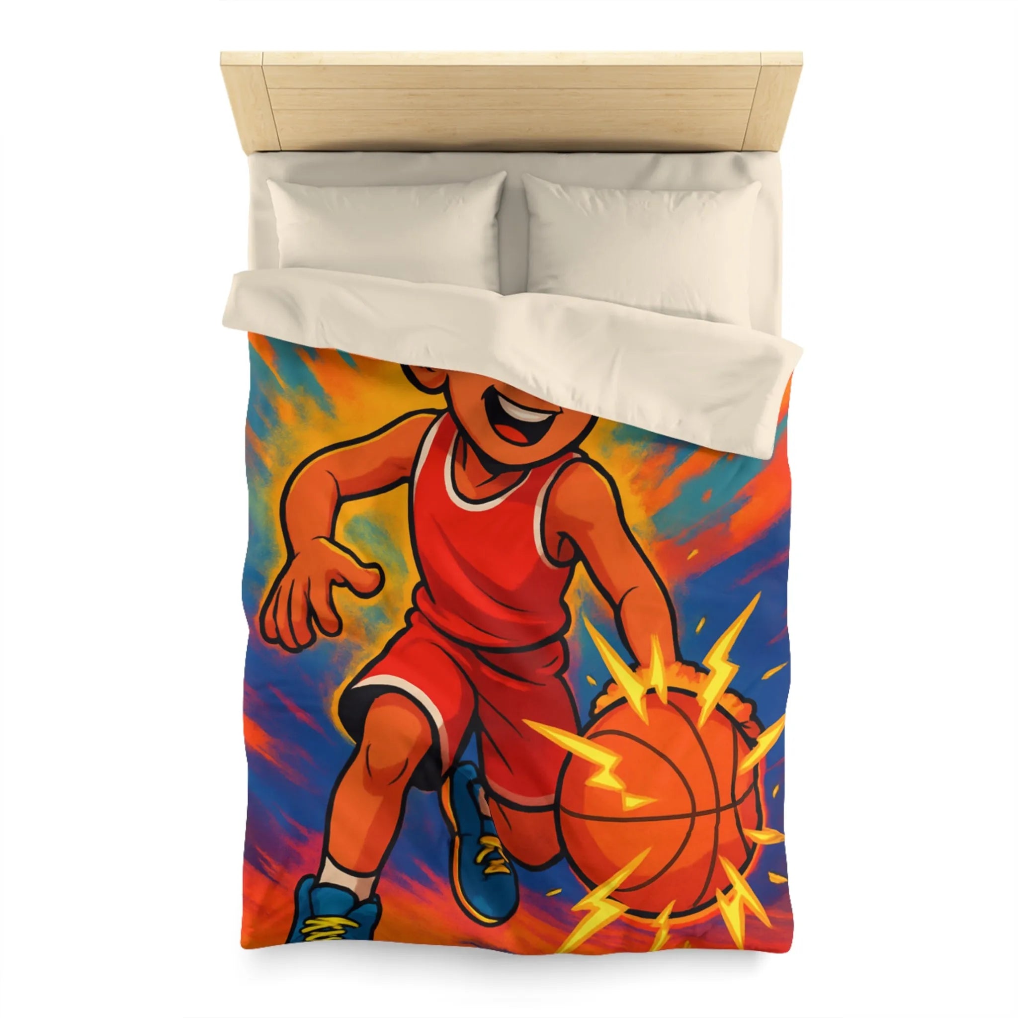 Couette Basketball Dynamique Colorée avec Enfant en Action Rétro Éclaboussures Électriques