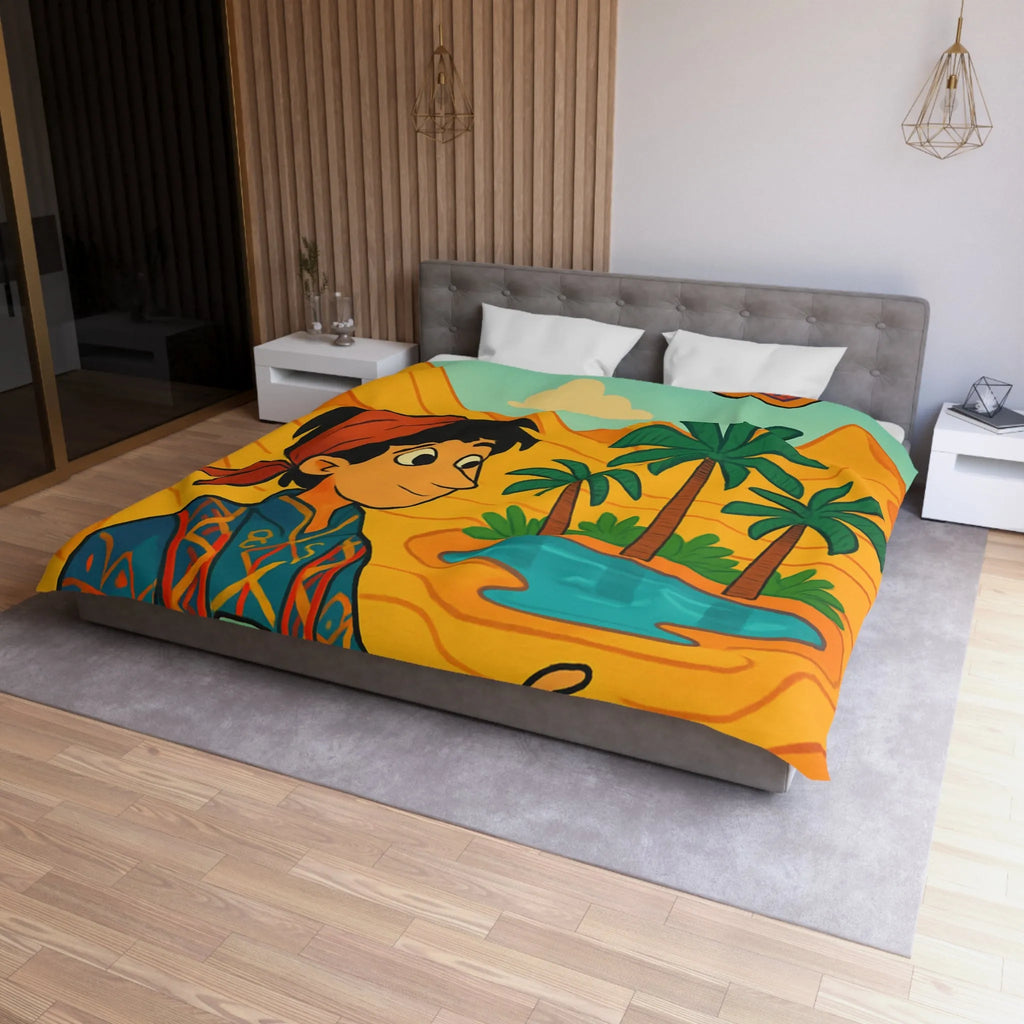 Housse de couette magique avec tapis volants et oasis sous ciel bleu désertique