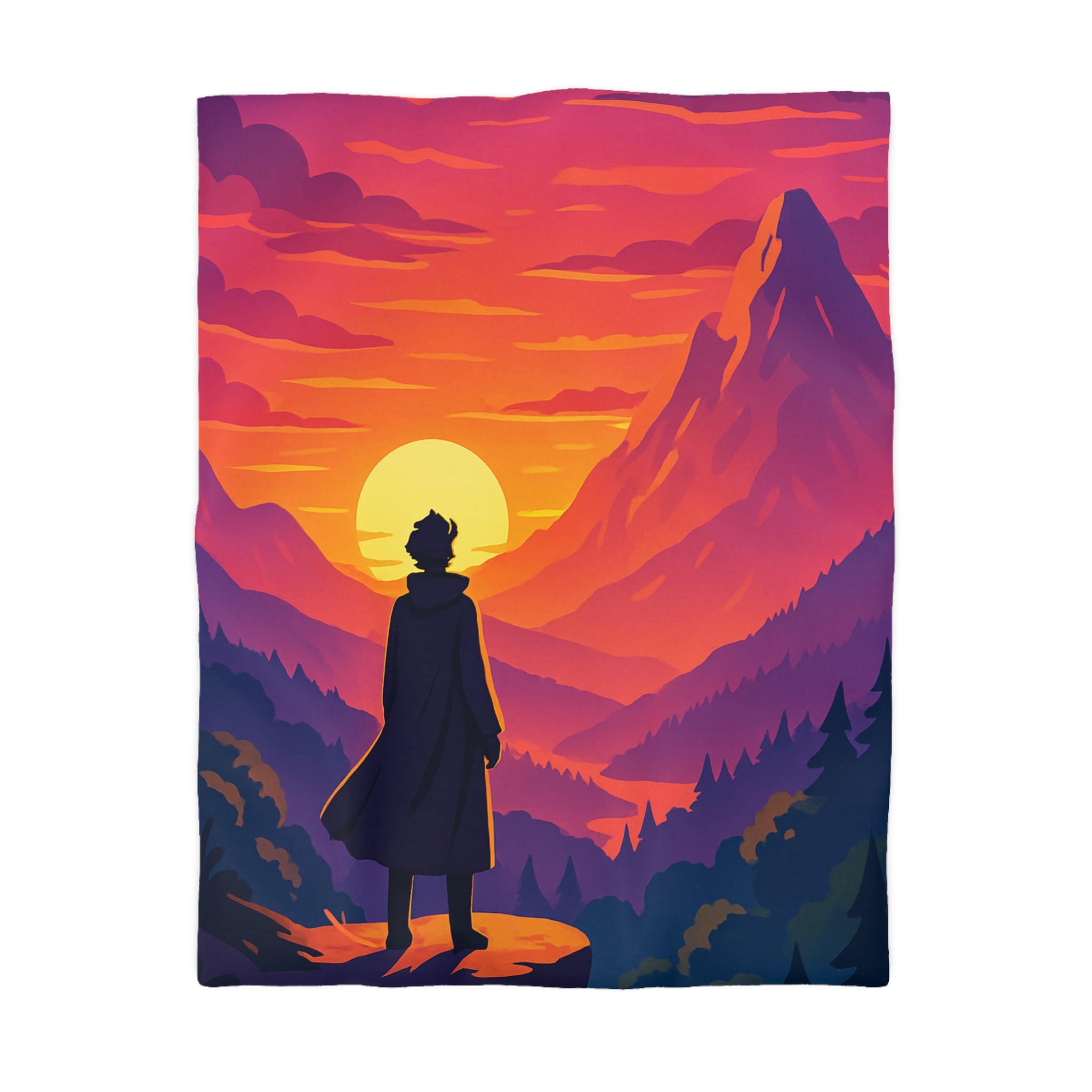 Housse de couette montagnes coucher de soleil silhouette homme paysage artistique vibrant