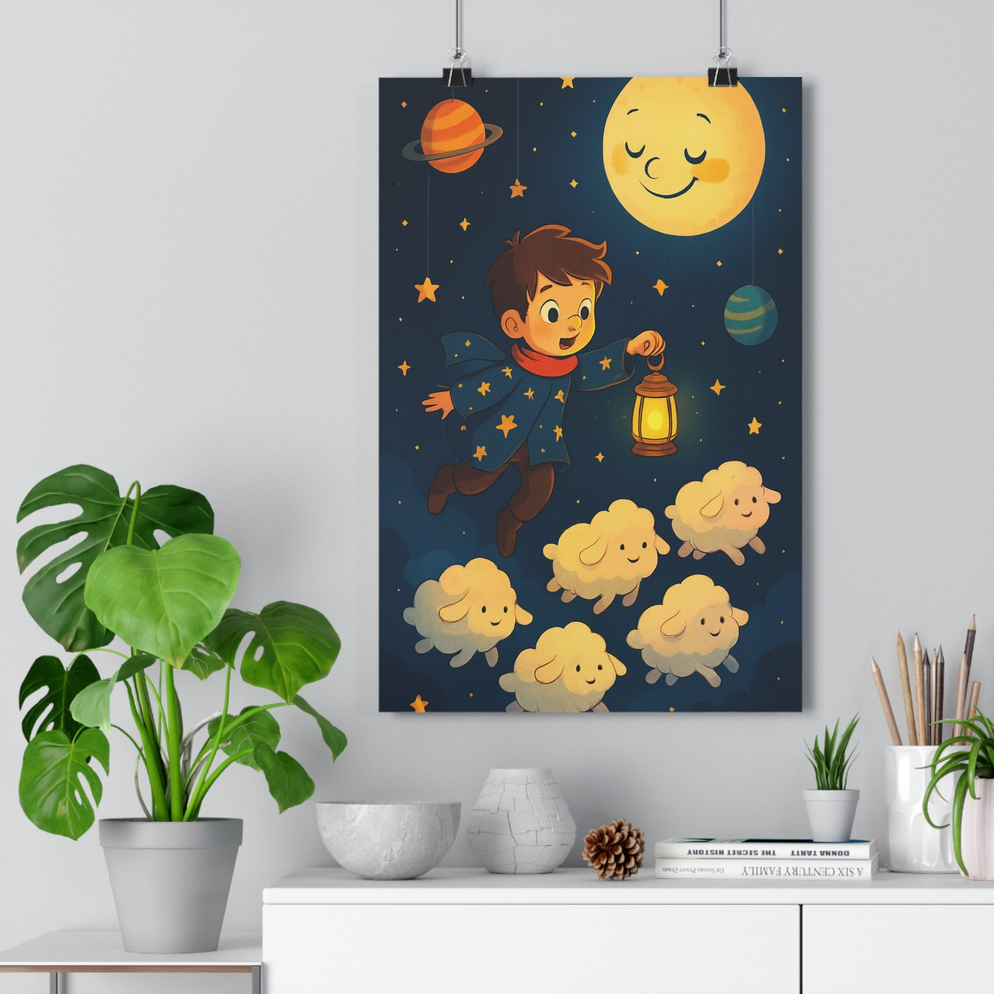 Poster décoratif cartoon mystique bleu jaune enfant aventure rêveur chambre ambiance céleste étoilé illustration