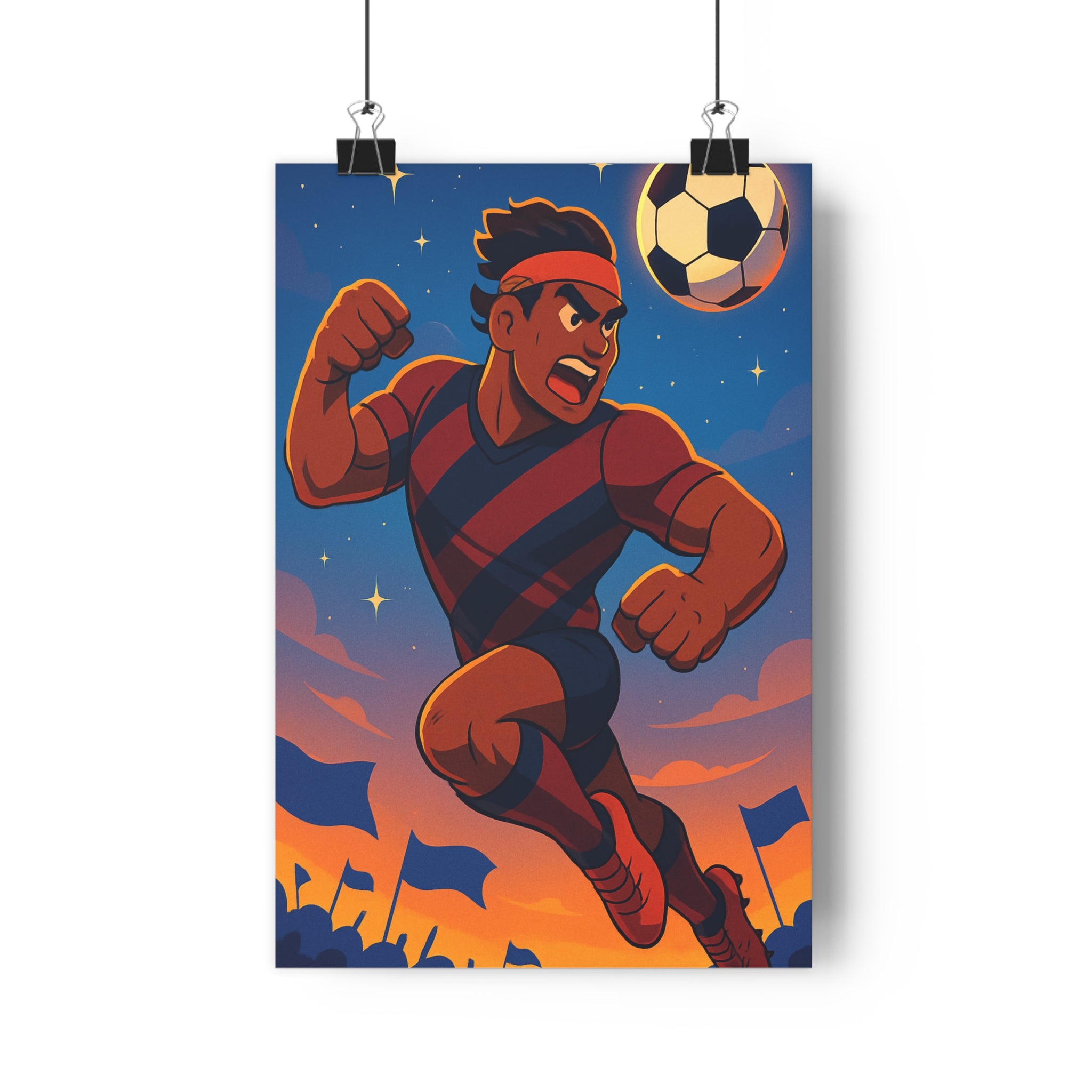 Poster décoratif football dynamique bande dessinée bleu orange chambre fan sport art vibrant qualité
