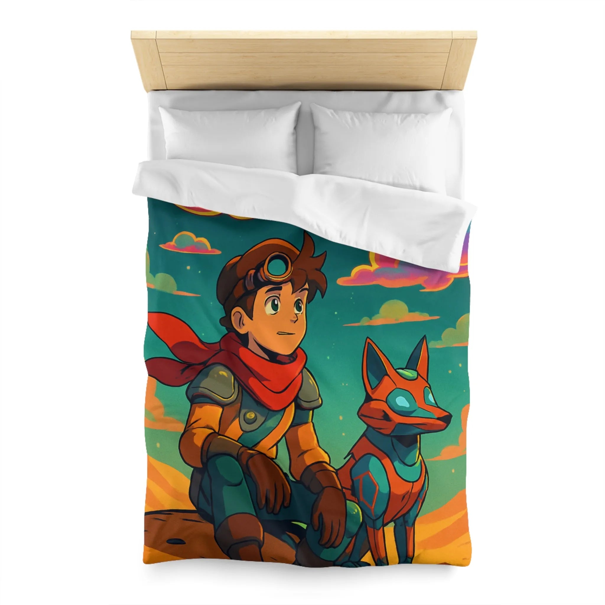 Housse de couette avec illustration colorée de personnage animé et chien robot sous ciel étoilé