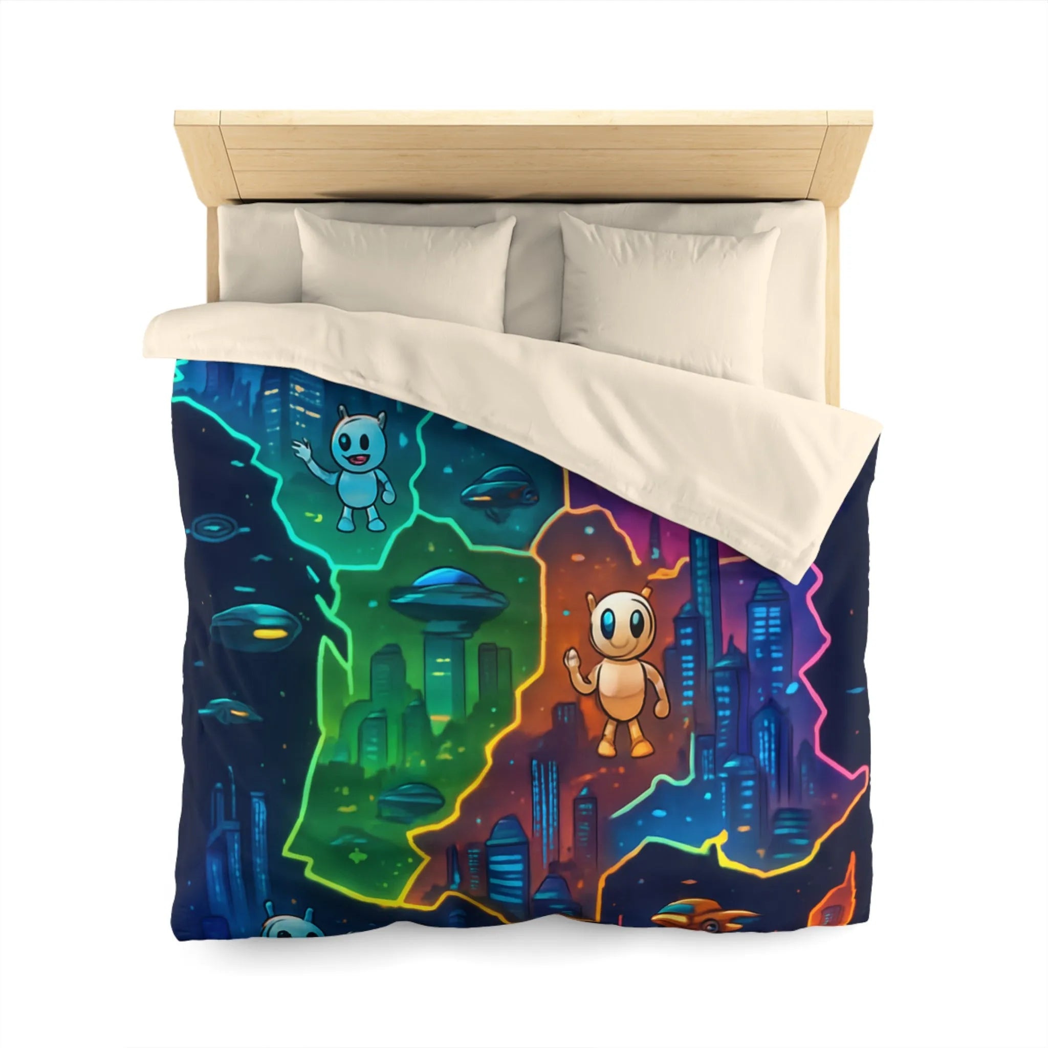 Carte de France futuriste colorée avec robots et OVNIs sur une housse de couette unique