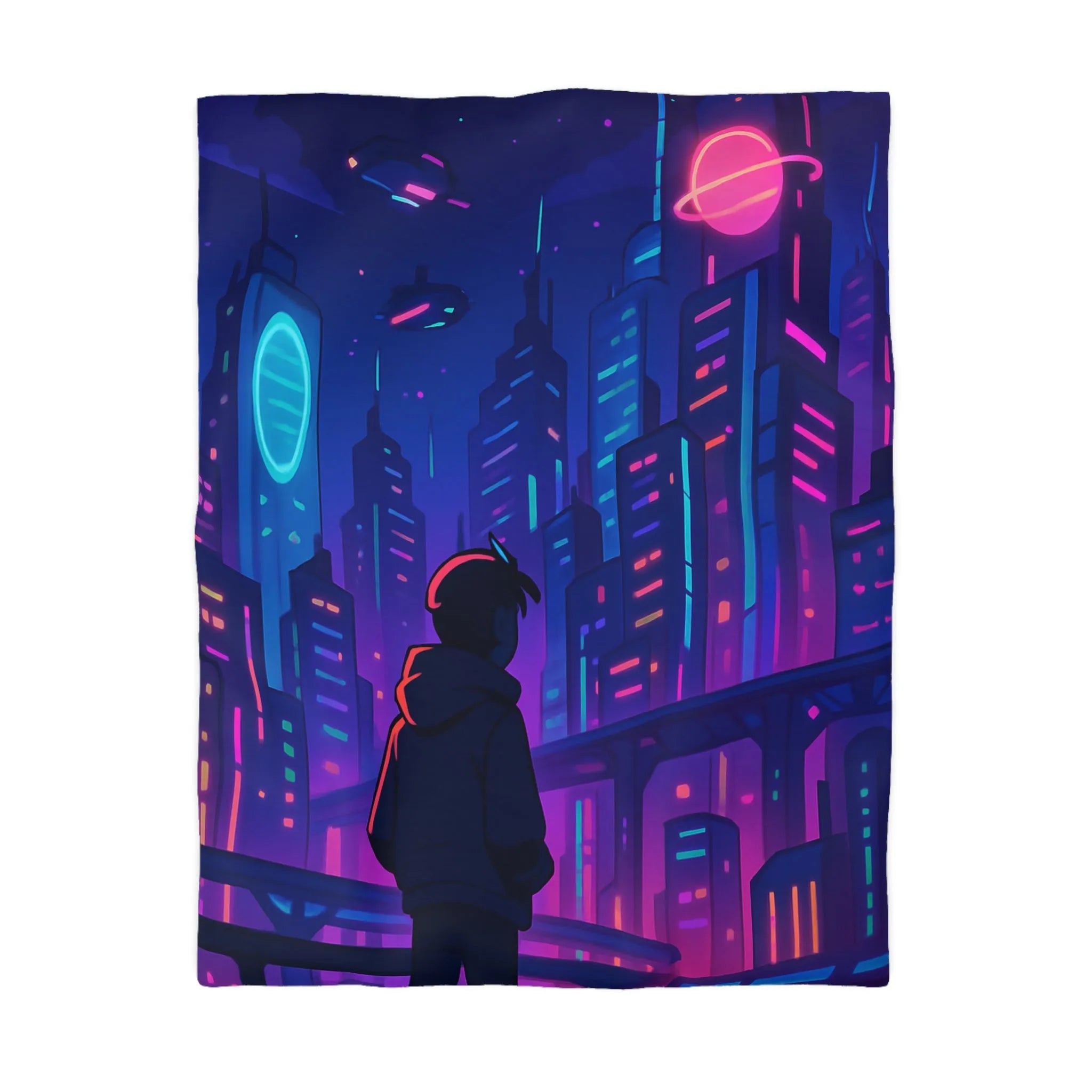 Housse de couette futuriste avec skyline néon vibrant et silhouette étoilée