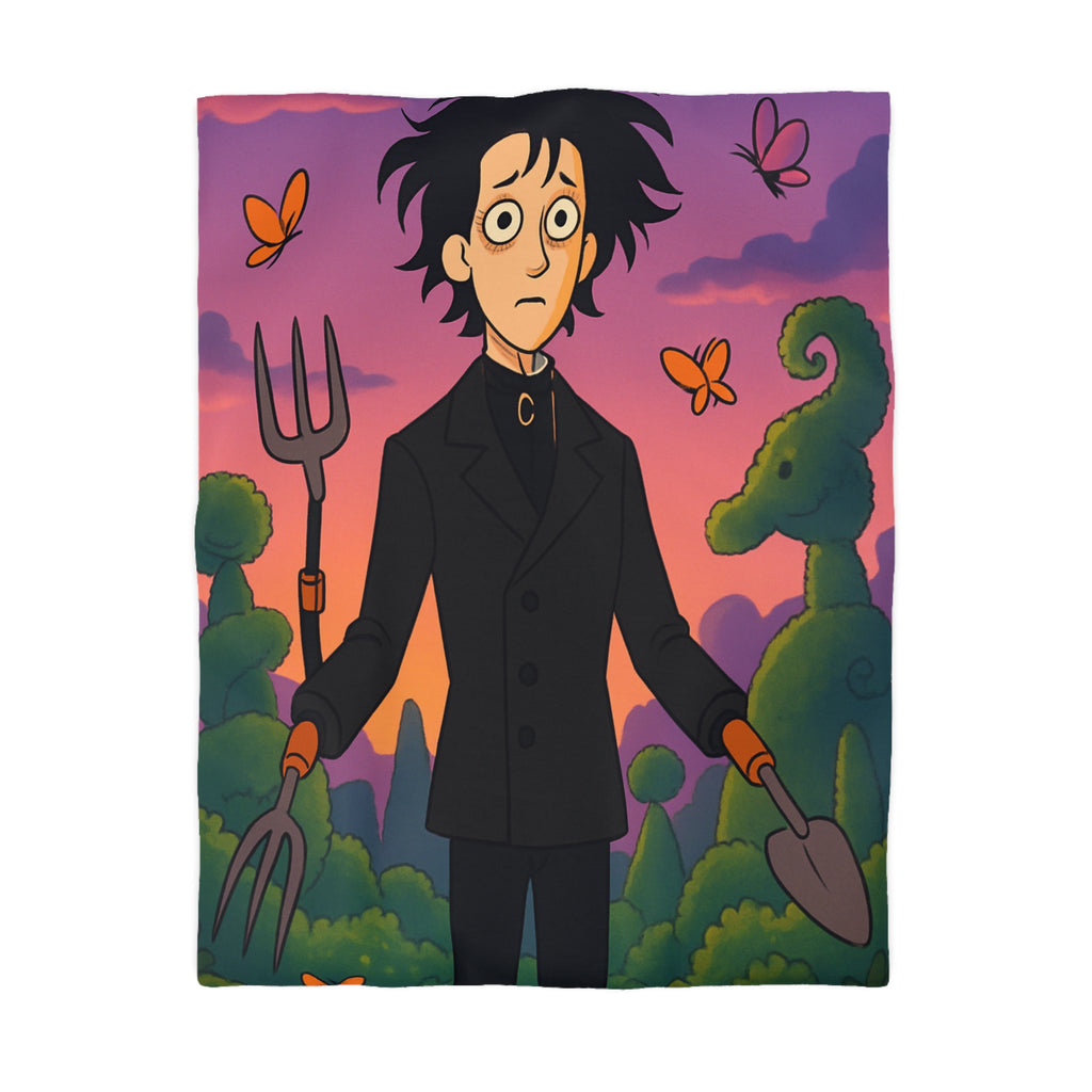 Housse de couette stylée avec personnage rêveur, jardin magique et papillons colorés