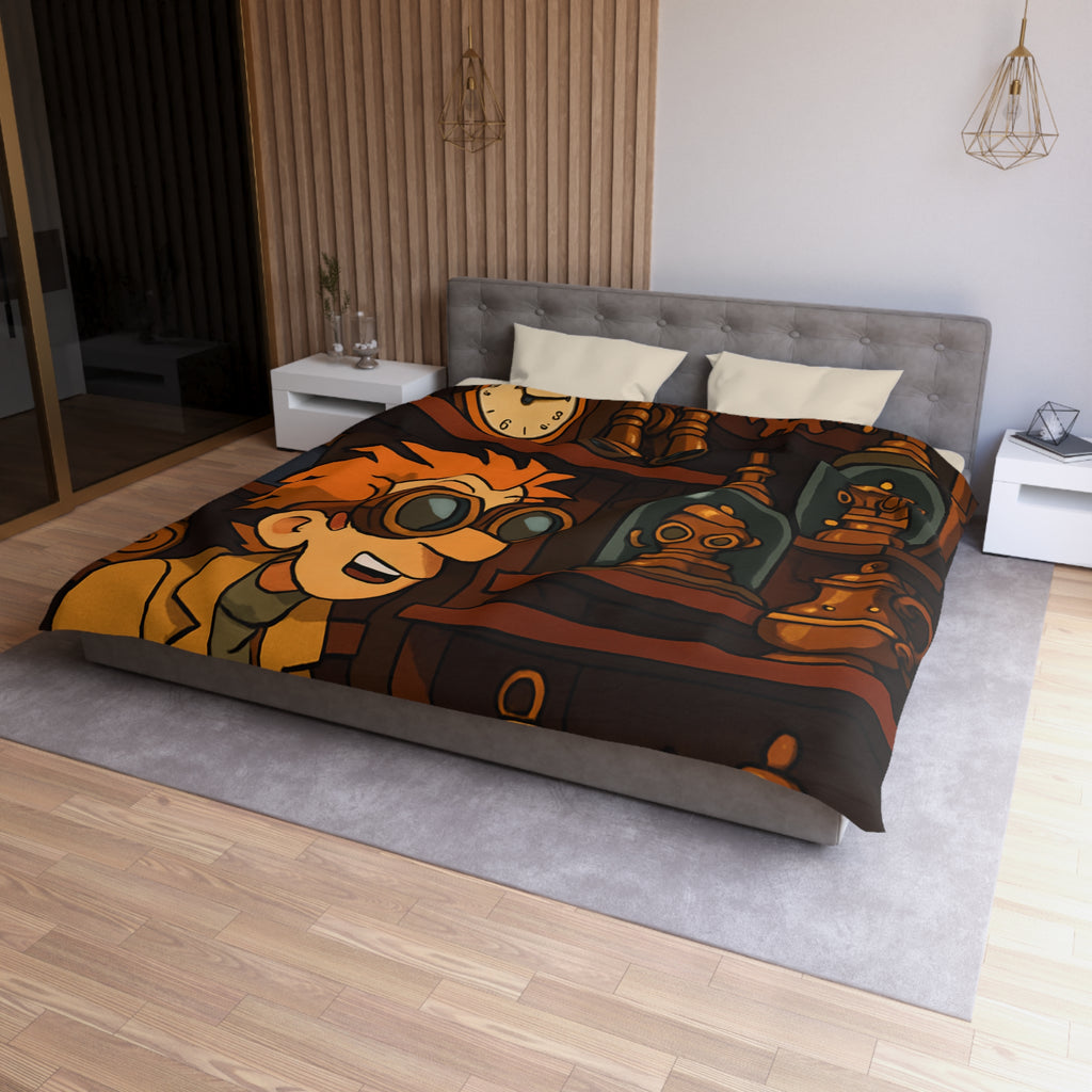 Housse de couette steampunk avec engrenages dorés et inventeur aux lunettes futuristes