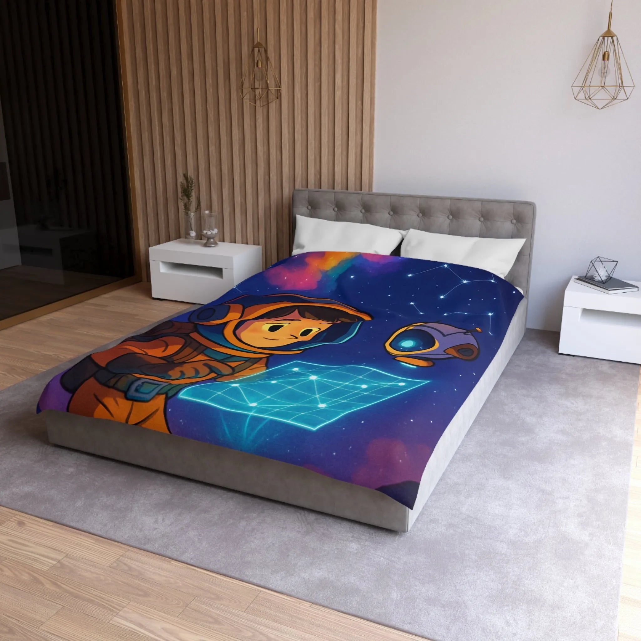 Housse de Couette Enfantine Astronaute et Robot Explorent le Ciel Étoilé Fantastique