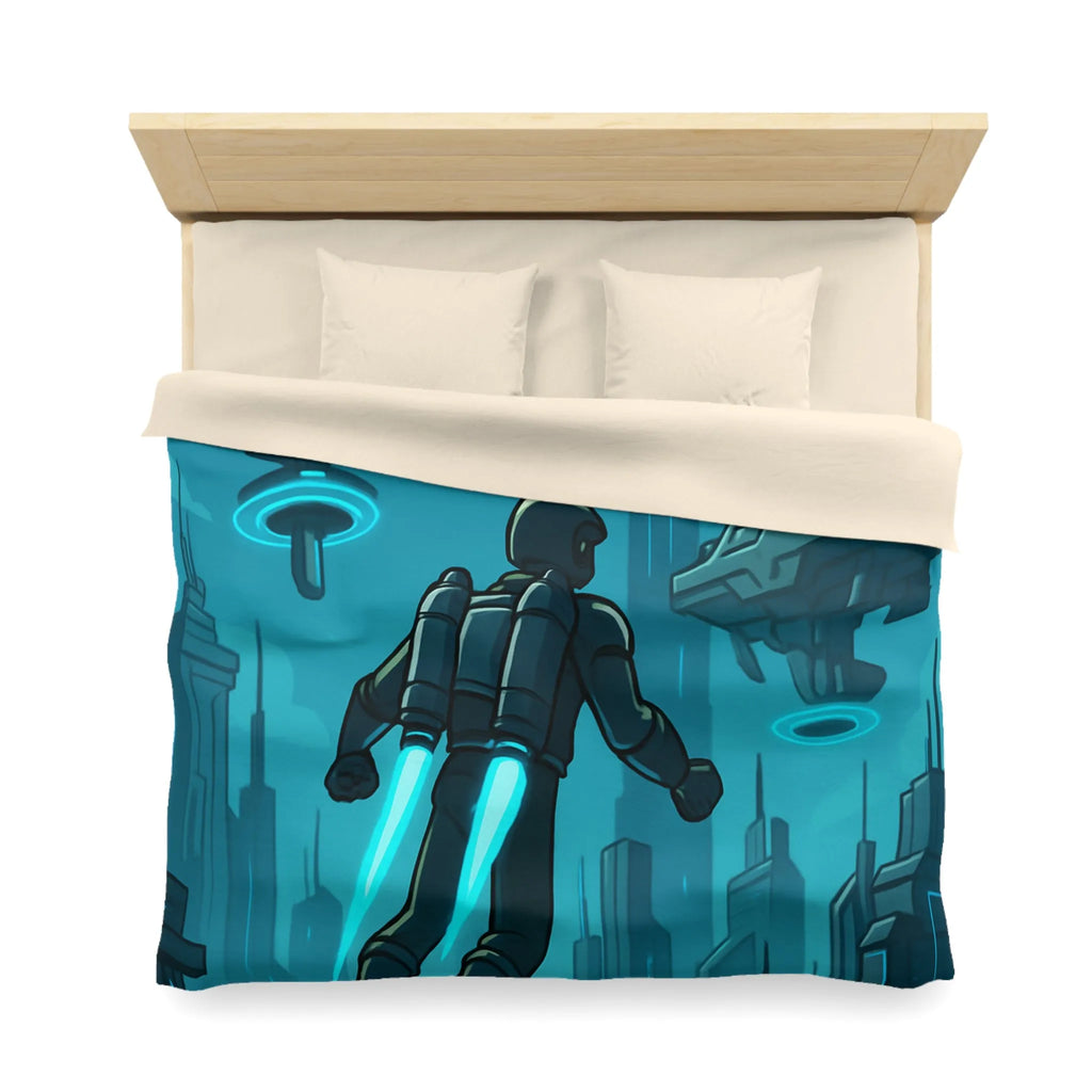 Housse de Couette Futuriste avec Ville Céleste et Homme en Jetpack Néon Bleu