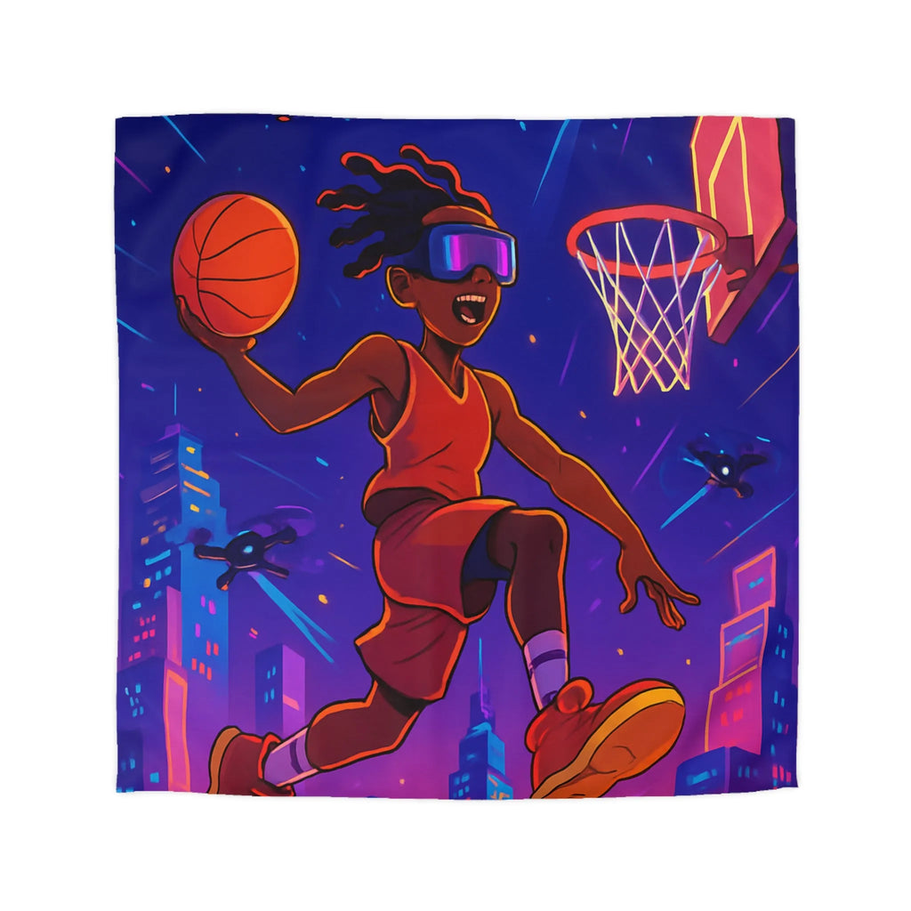 Housse de couette colorée avec joueur de basket futuriste volant avec drones cabine urbaine