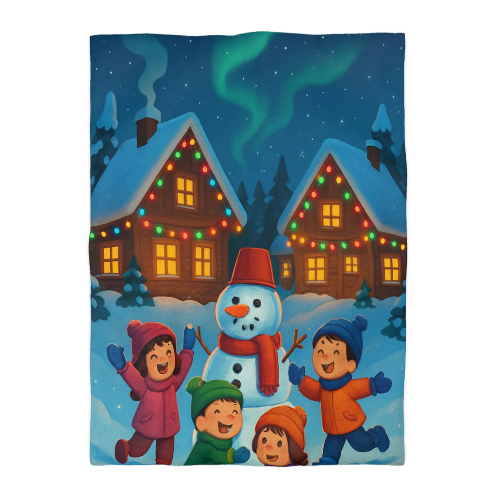 Housse de couette enfants avec design joyeux d'hiver, neige et cabanes éclairées