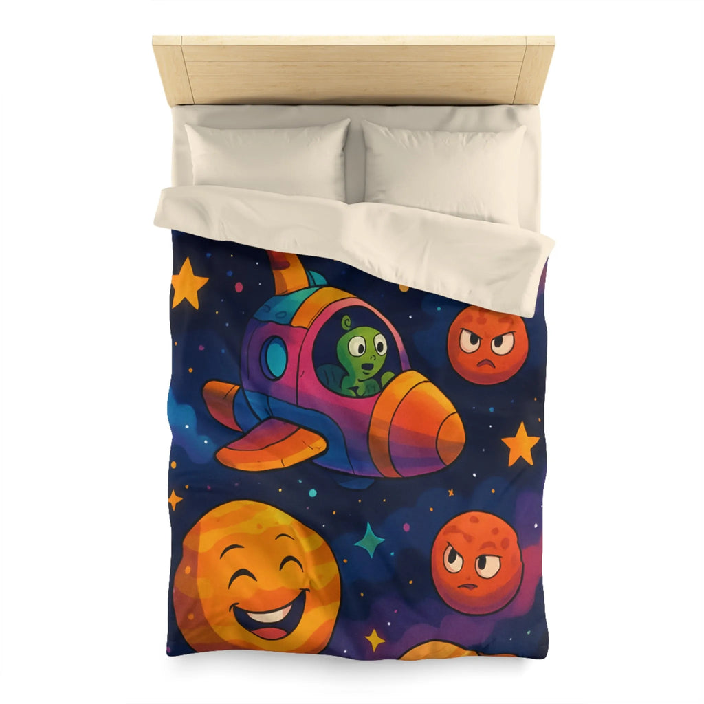 Housse de couette enfant cosmos coloré avec planètes amusantes et fusée extraterrestre