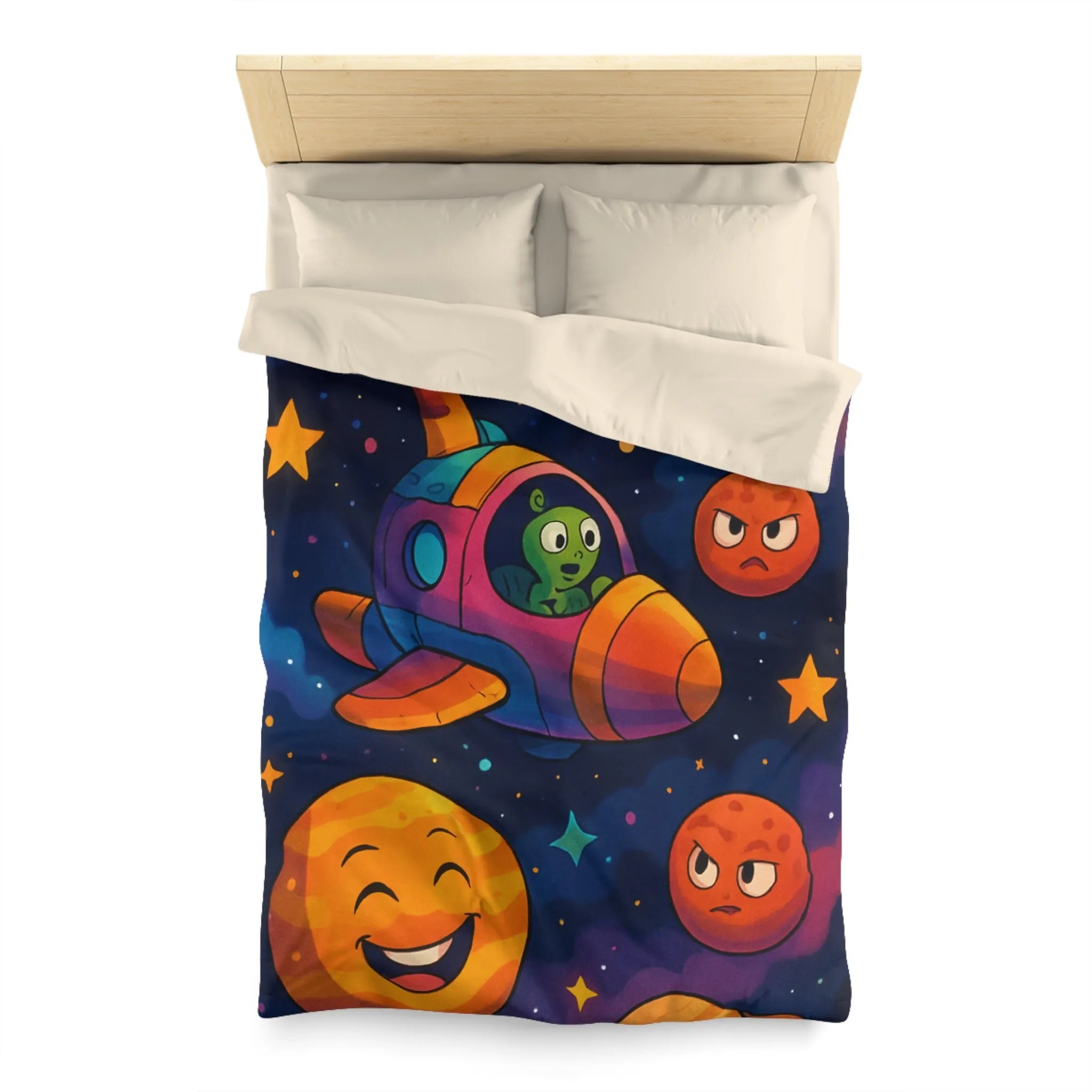 Housse de couette enfant cosmos coloré avec planètes amusantes et fusée extraterrestre