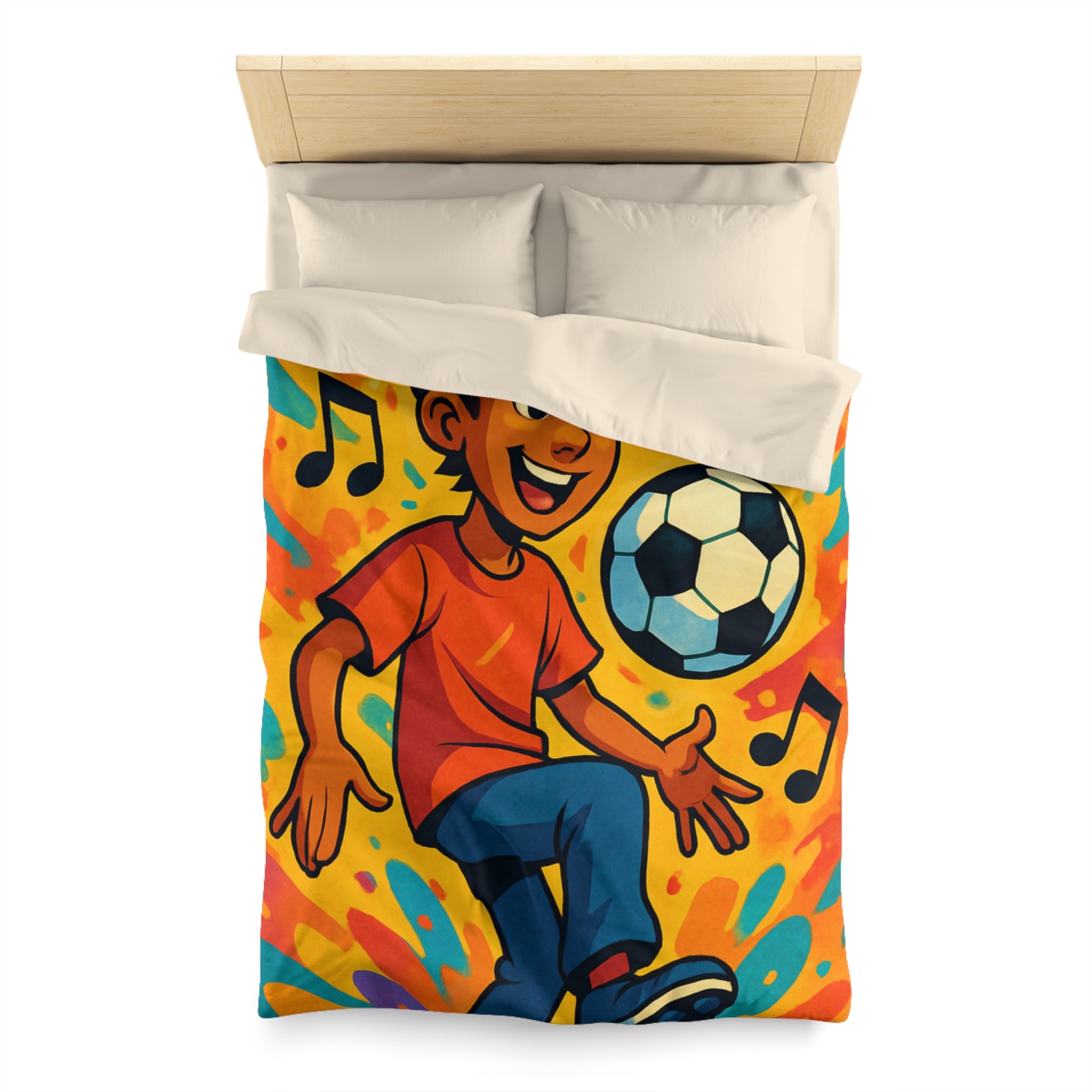 Housse de Couette Sport Jeune Garçon Jouant au Football avec Notes Musicales