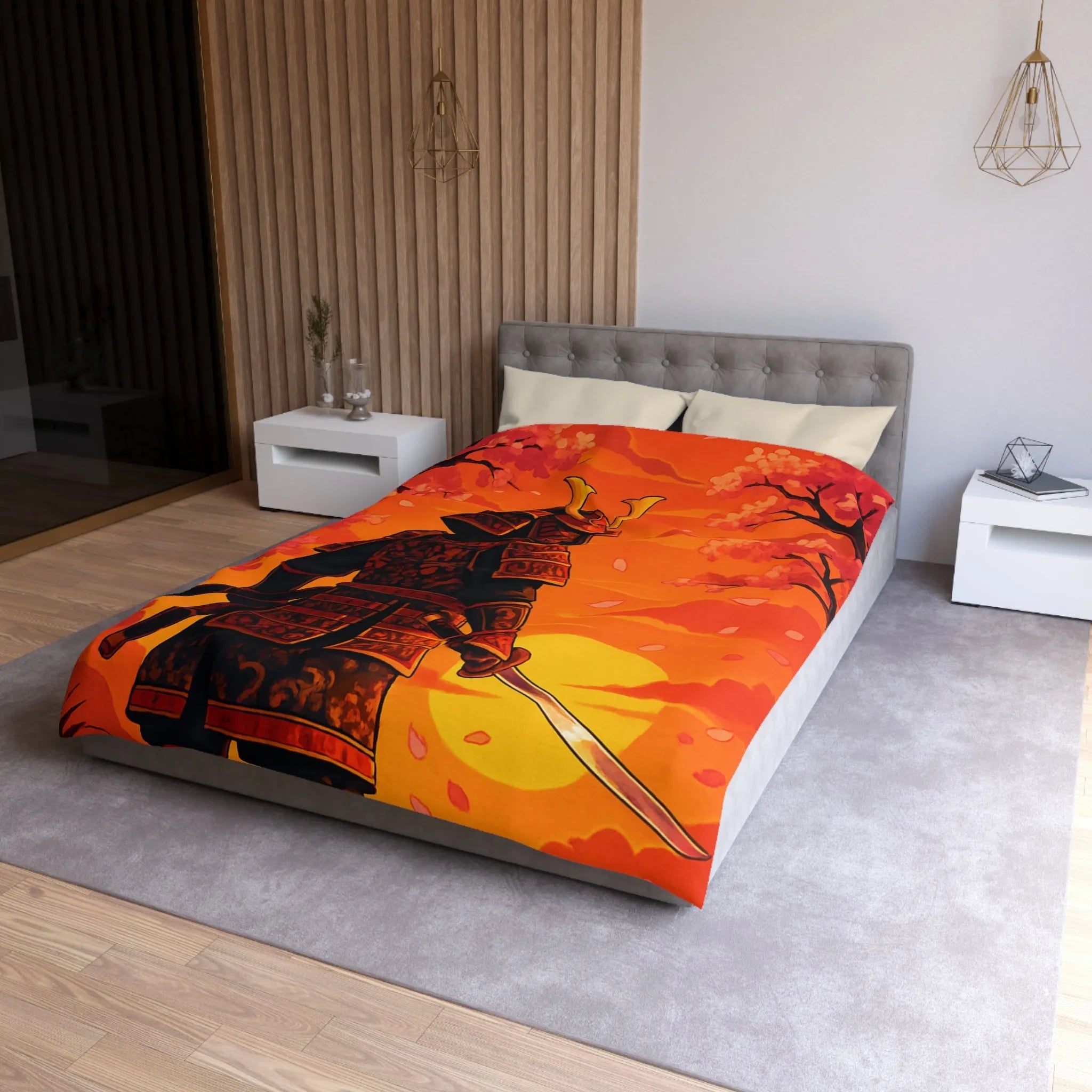 Housse de couette avec motif samouraï au coucher du soleil, arbres et fleurs roses