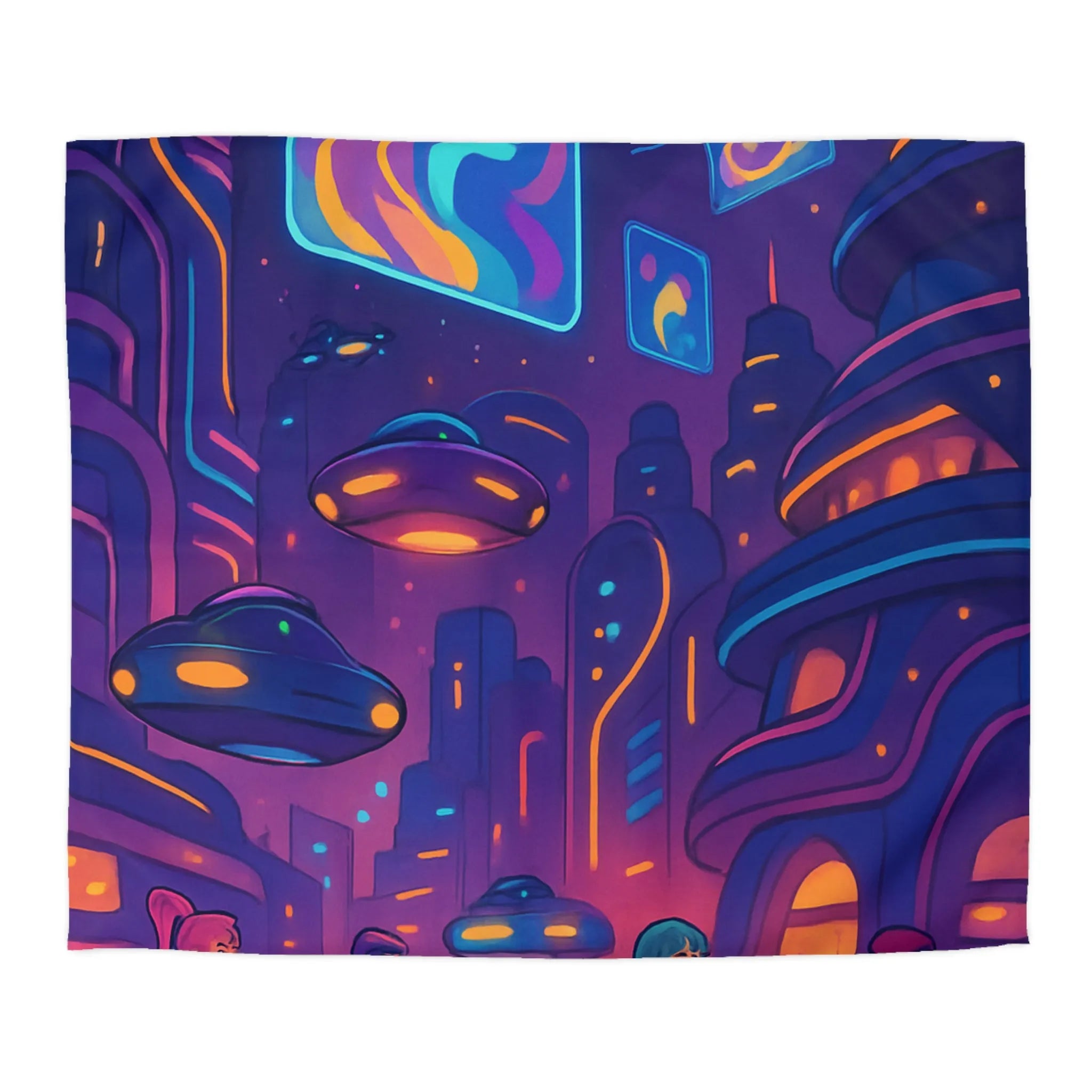 Housse de couette futuriste ville néon avec vaisseaux volants et affichages lumineux