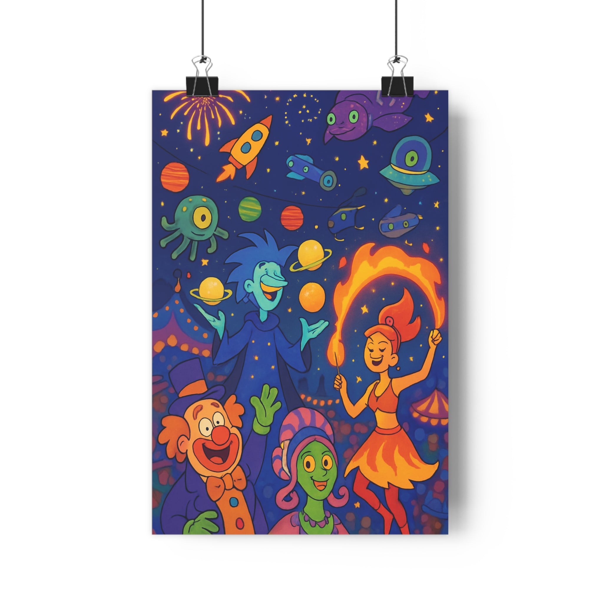 Poster décoratif coloré carnaval espace bleu orange vert joyeux moderne chambre salon enfant aventure