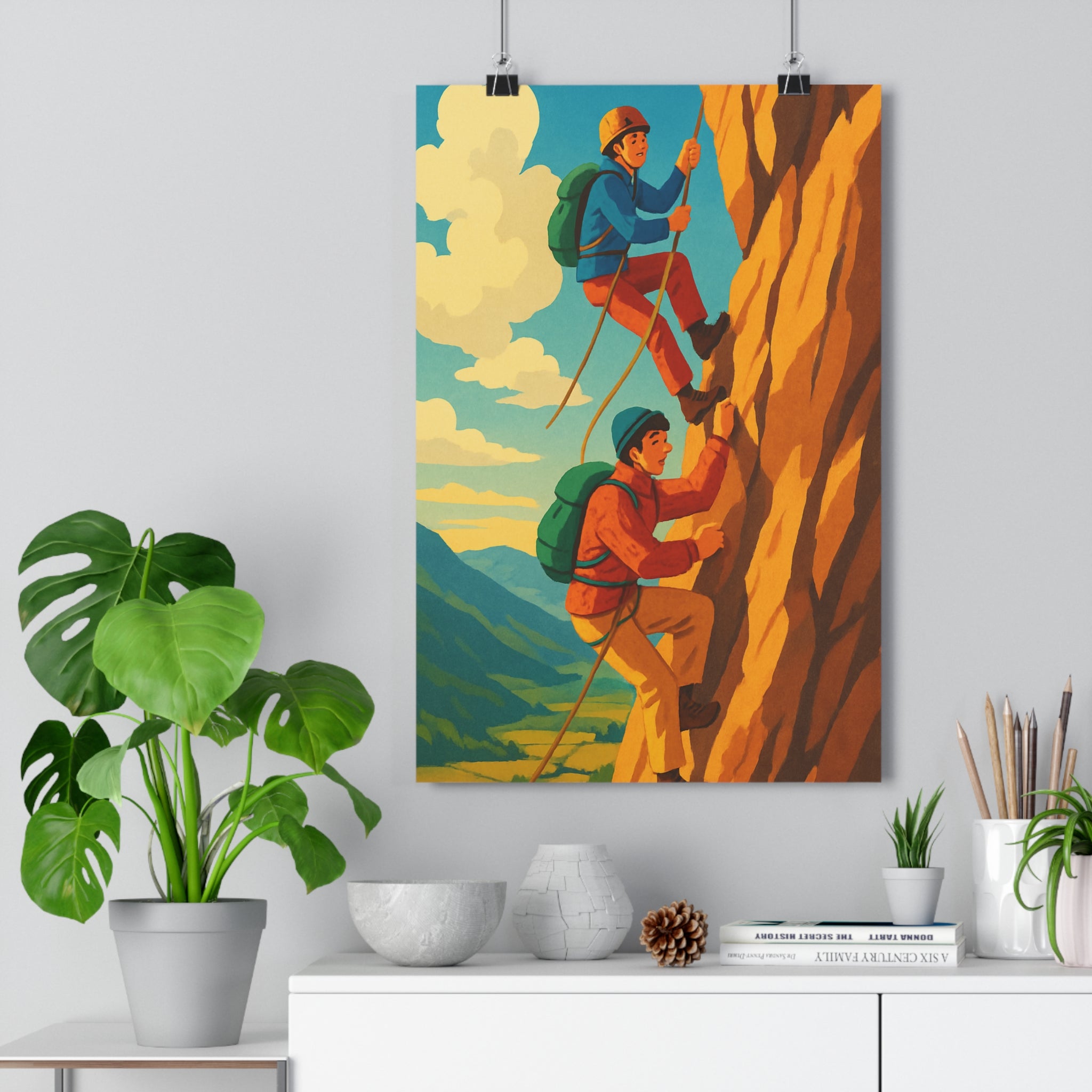 Poster décoratif aventure vintage bleu orange bureau escalade montagne exploration défi sécurité unique qualité