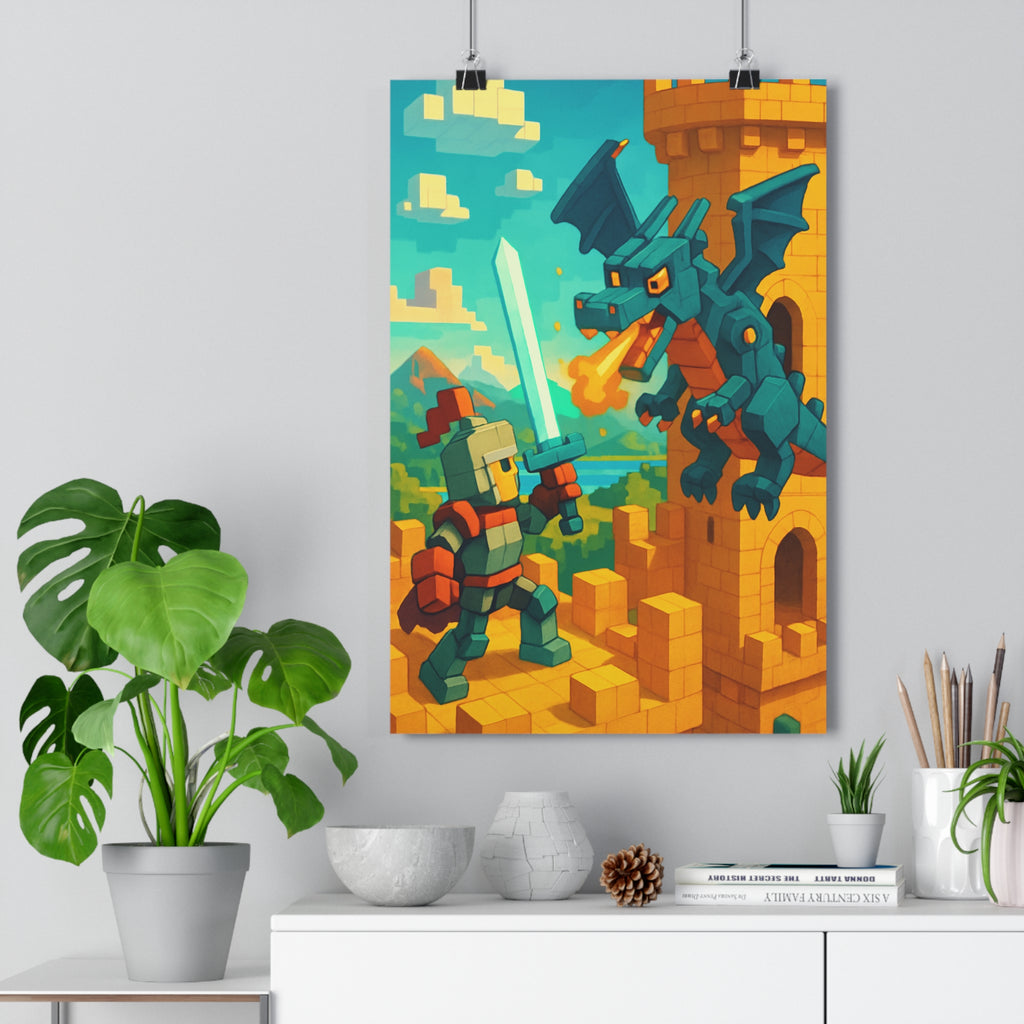 Poster décoratif cartoon chevalier dragon bleu jaune aventure chambre enfant vibrant coloré épique captivant