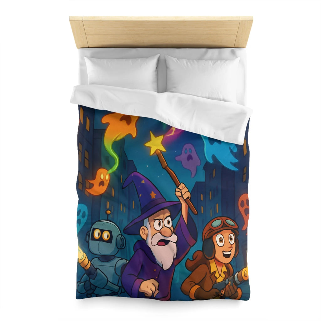 Housse de couette magique avec fantômes colorés, sorcier et robot aventureux en ville nocturne