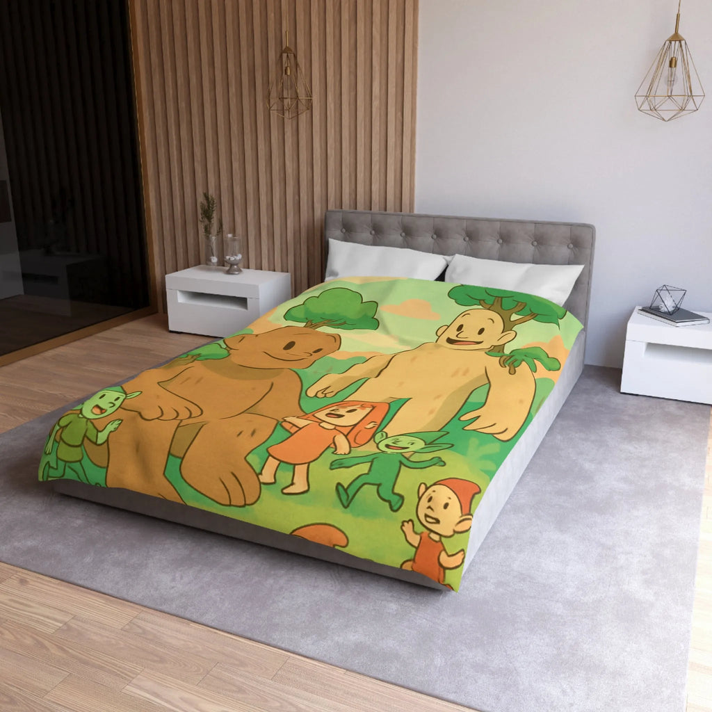 Housse de couette fantastique avec géants arborés et lutins dans une forêt enchantée