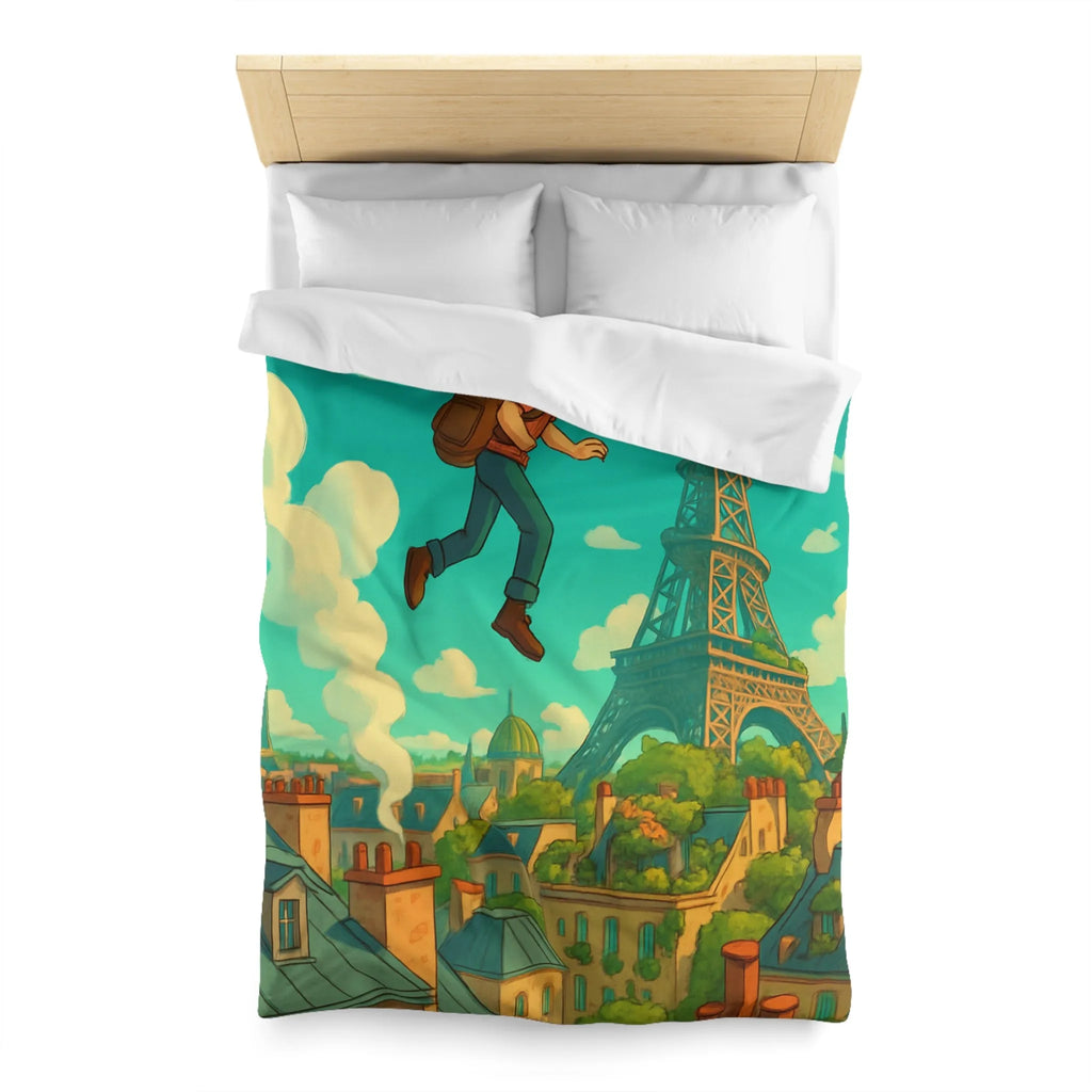 Enchanted Parisian Flight: Kid Floating Above Cityscape with Umbrella and Backpack