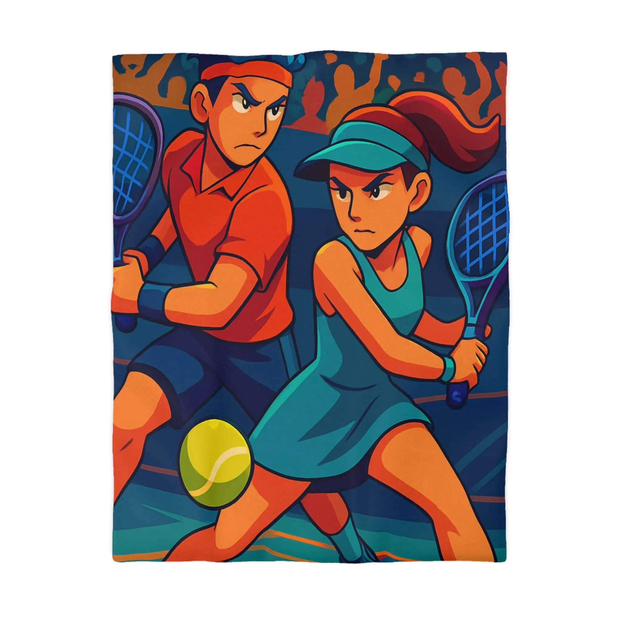 Housse de couette dynamique avec joueurs de tennis en style vectoriel coloré et moderne