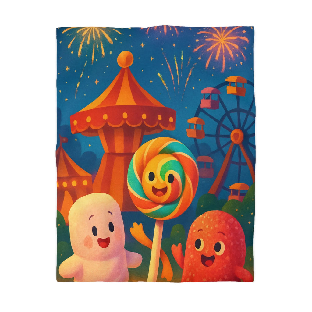 Housse de couette douce fête foraine avec marshmallow, sucette et feu d'artifice