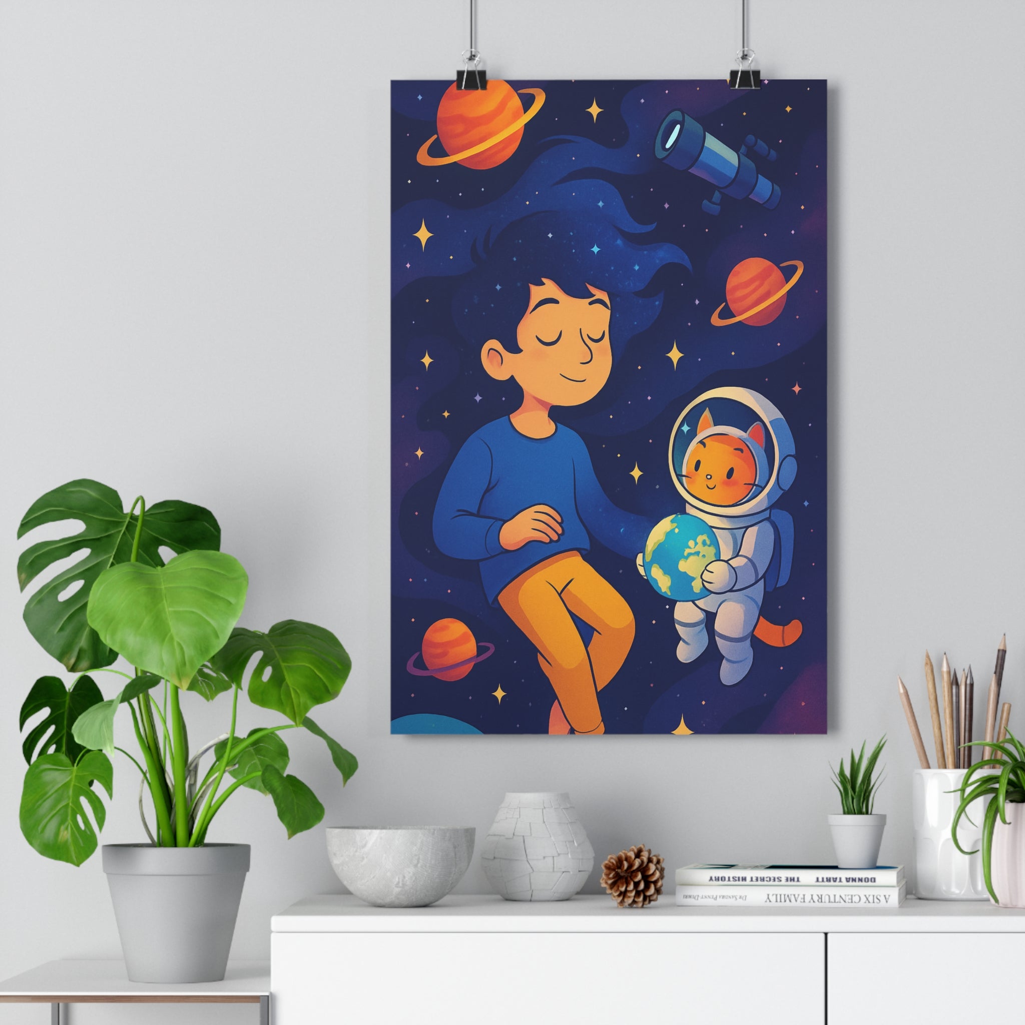 Poster décoratif cosmique bleu orange fantaisie enfant chambre rêveur magie astronaute aventure étoiles format