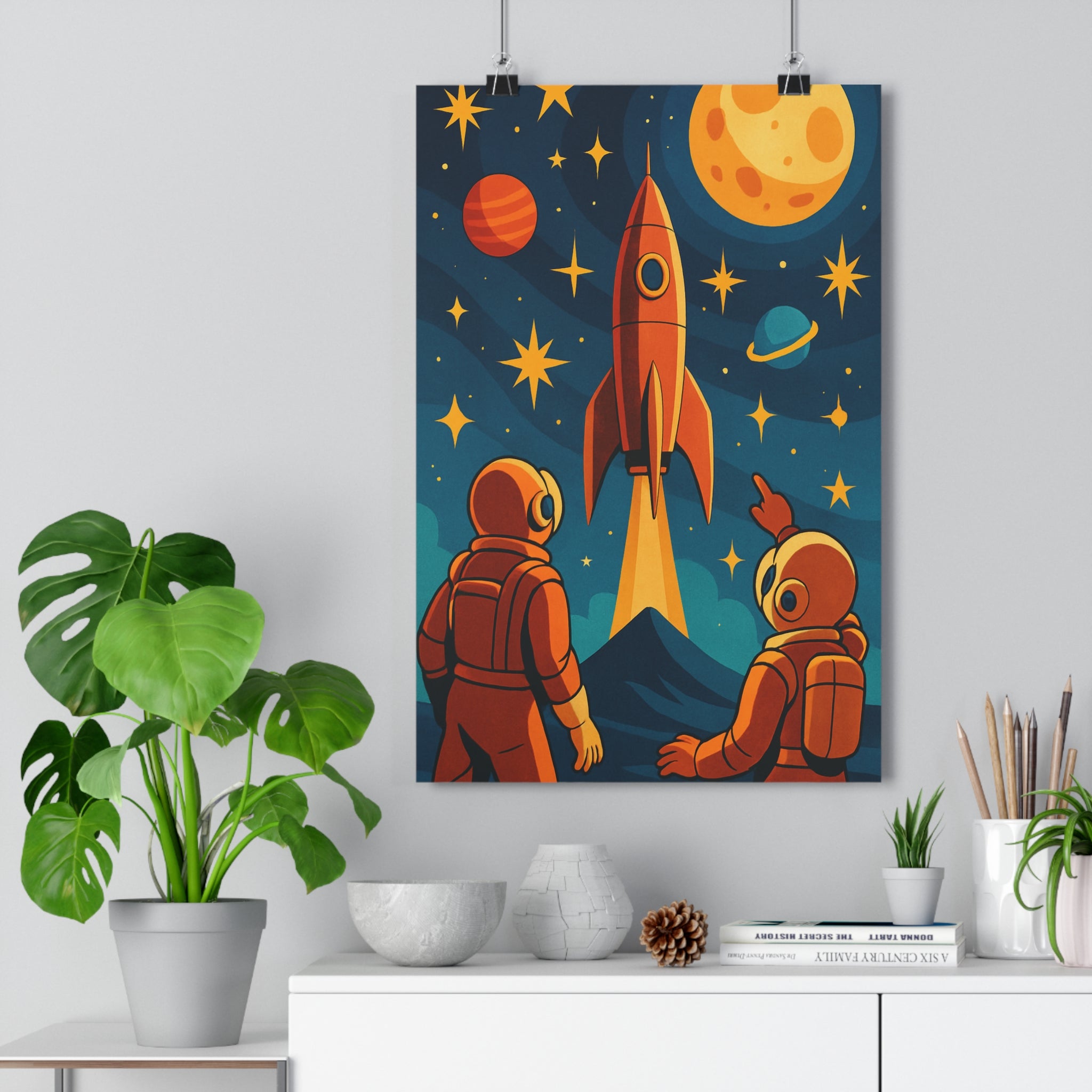 Poster décoratif art déco jaune orange bleu aventure espace chambre salon rêve original unique