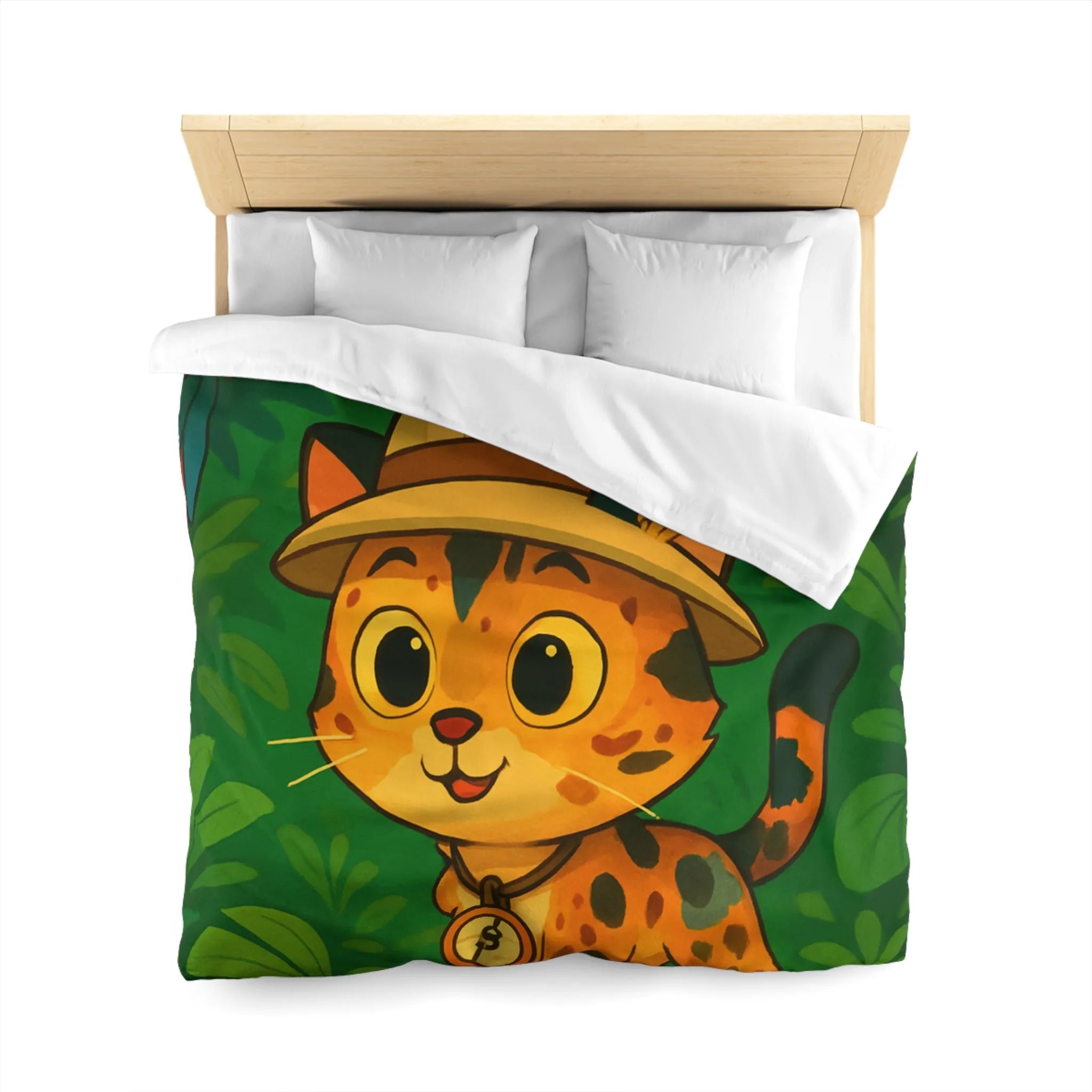 Housse de couette avec chat explorateur, jungle colorée, perroquet et singe joyeux