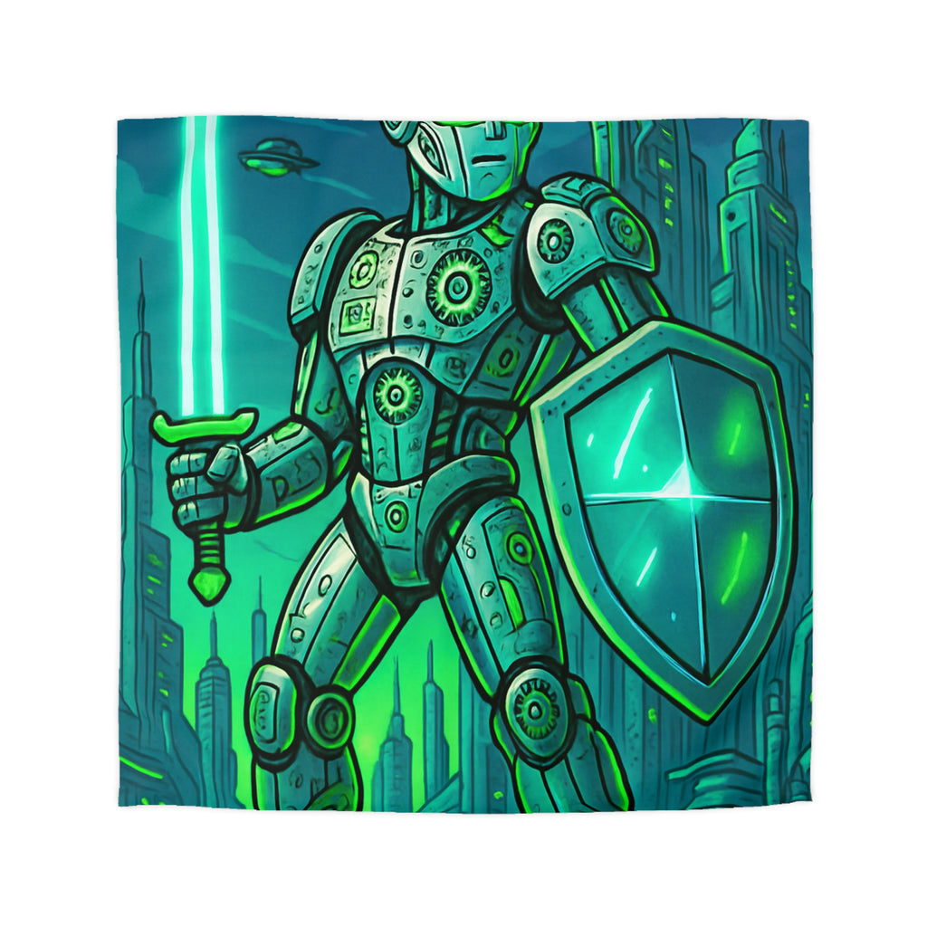 Housse de couette robot futuriste avec épée lumineuse et ville high-tech