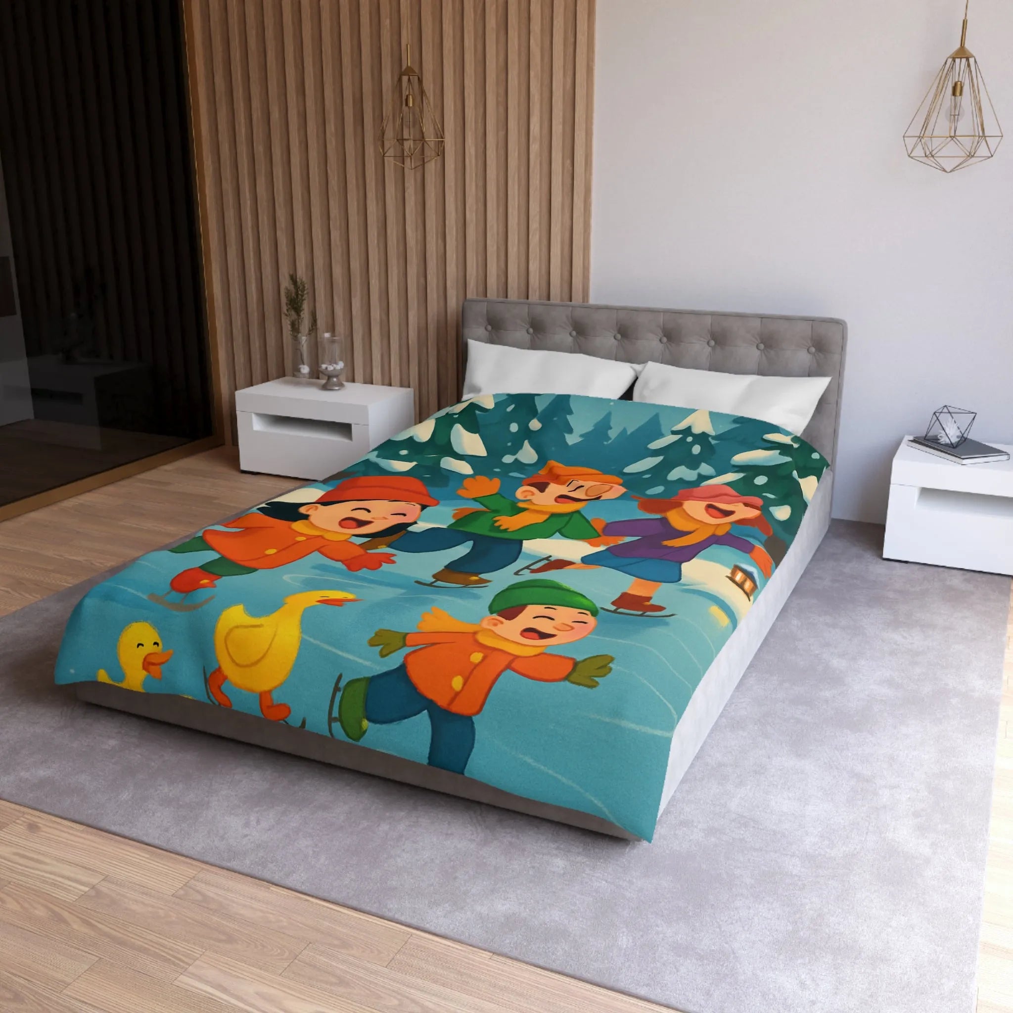 Housse de couette hiver joyeuse avec enfants et petits canards patinant sur glace