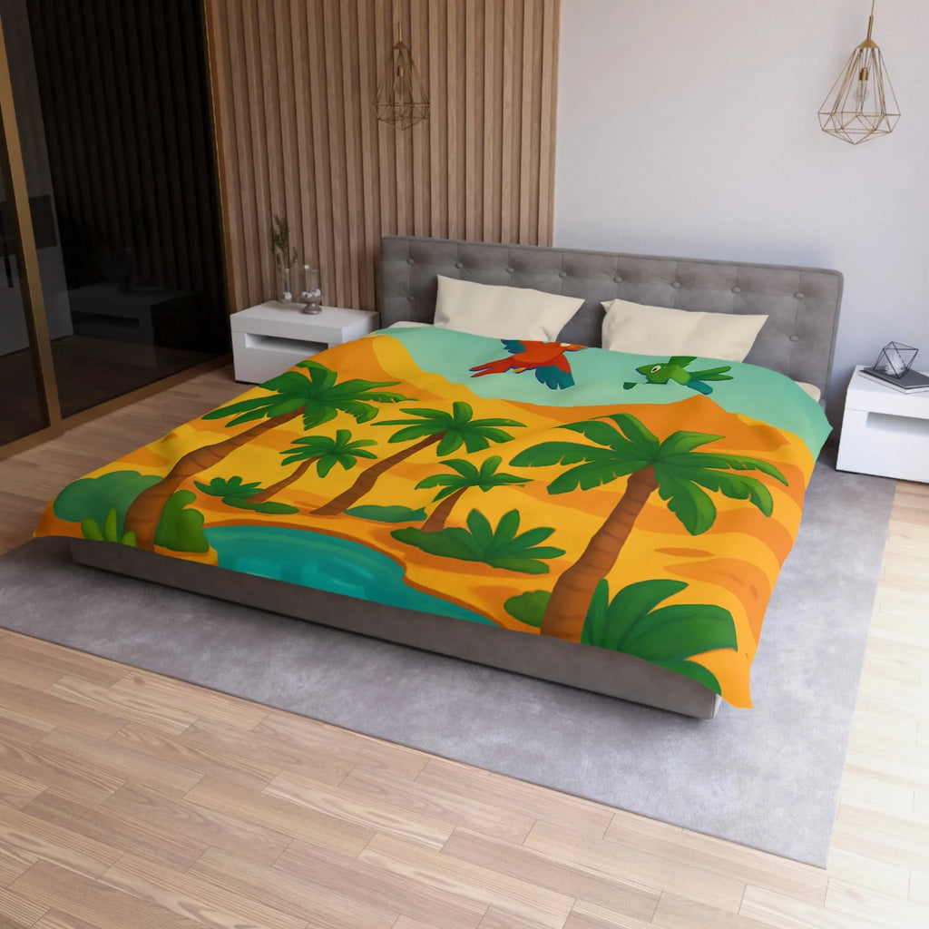 Housse de couette exotique avec palmiers, oiseaux colorés et oasis dans le désert