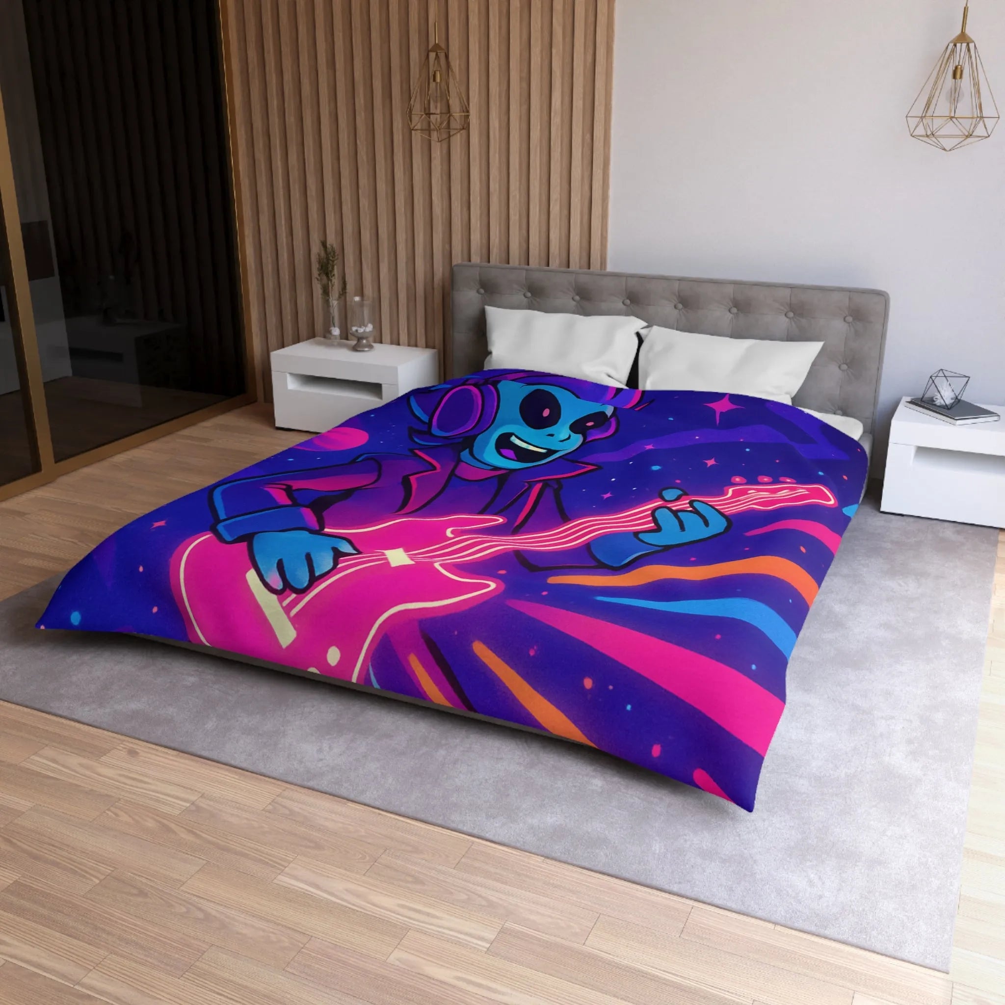 Housse de Couette Galactique avec Musicien Alien et Planètes Multicolores en Néon Vibrant